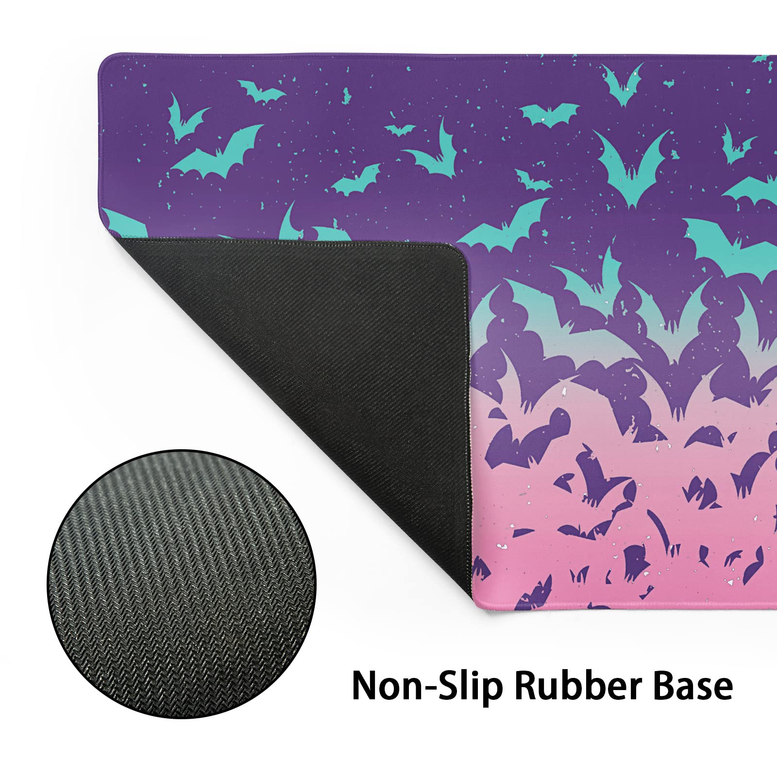 Pink Cute Bats Gaming Mouse Pad XL Halloween Pastel Purple Witchcraft Extended Big Large Desk Mat Non-Slip Rubber Base Stitched Edge Long Keyboard Mousepad for PC Computer Laptop,24x14 in,60x35cm