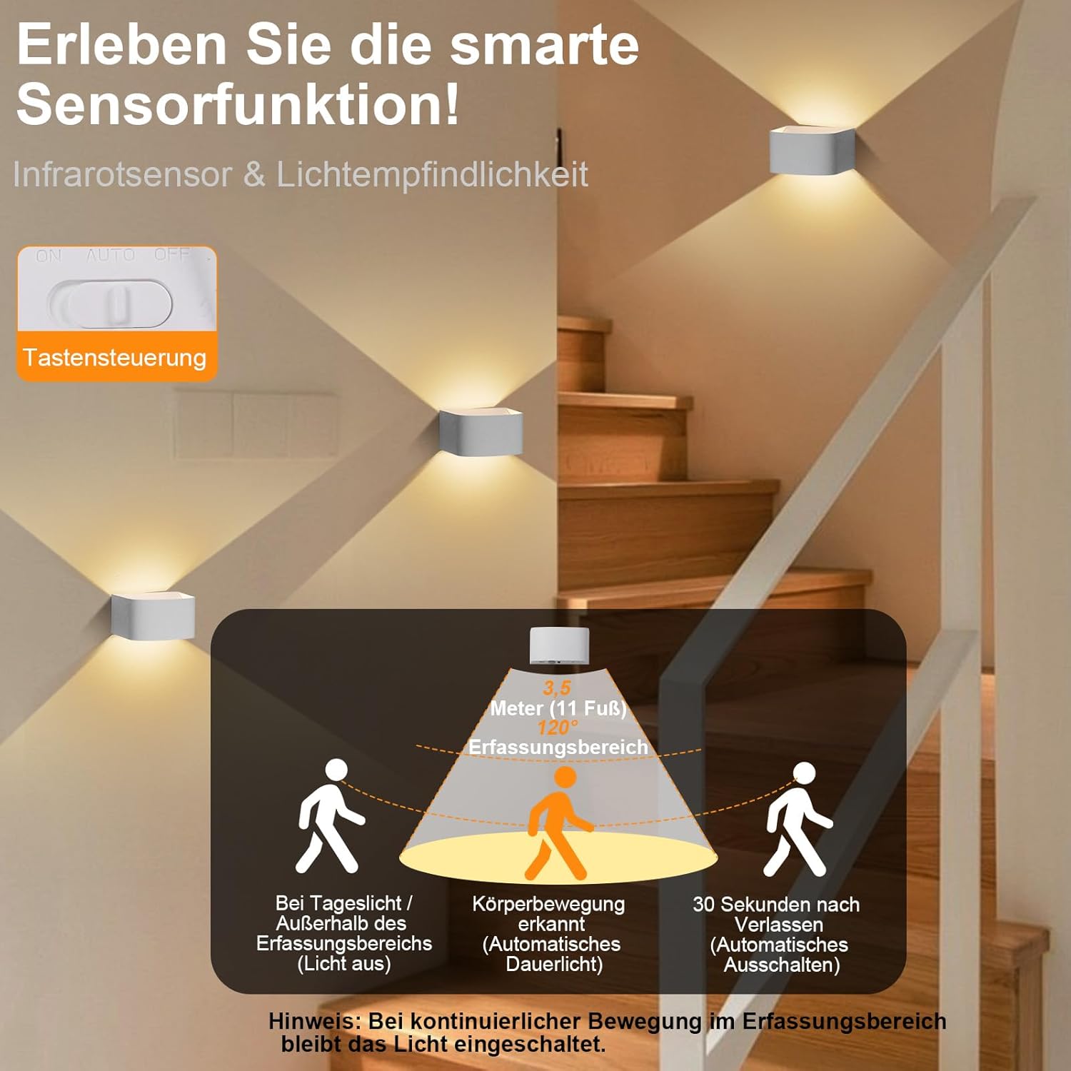 Motion Sensor Wall Light with Remote Control, 3-Color Temperature Adjustable, 5000mAh Battery Wall Lamp, Stepless Dimming, Type-C Charging, 2 Installation Methods for Home & Outdoor Use