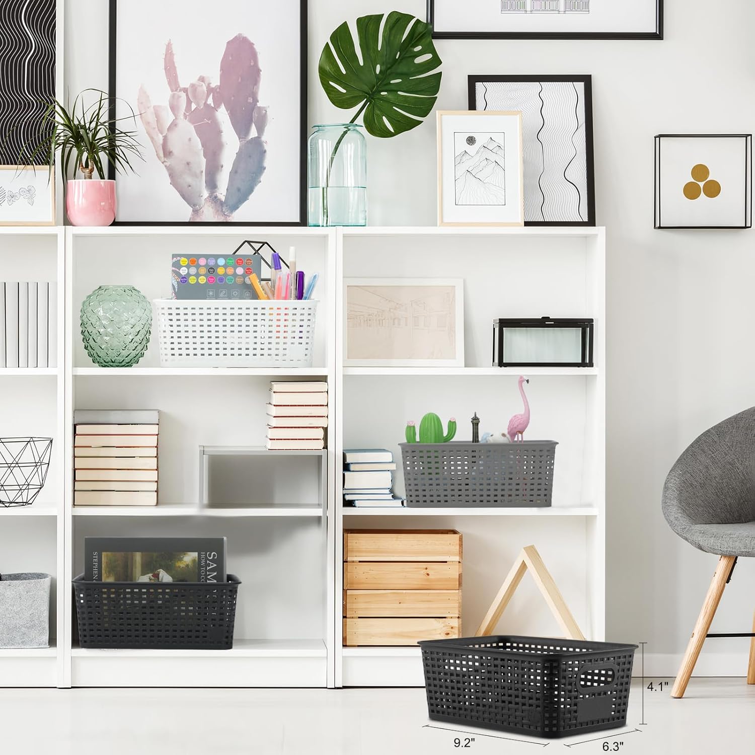 Plastic Storage Baskets 6 Pack Sturdy Storage Organizer Basket Woven Plastic Storage Bins for Shelves,Closet,Countertops, Desktops, Cabinets and Badrooms,Saving Storage, Stylish Design,White