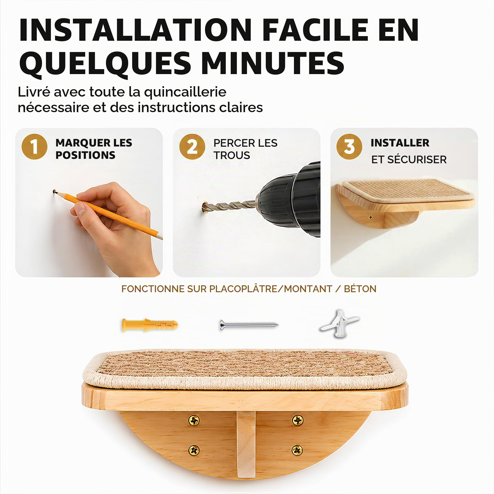 Lot de 3 escaliers muraux pour chat avec 2 marches d'escalade et plates-formes incurvées, en bois monté au mur, pour l'escalade, le jeu, le sommeil