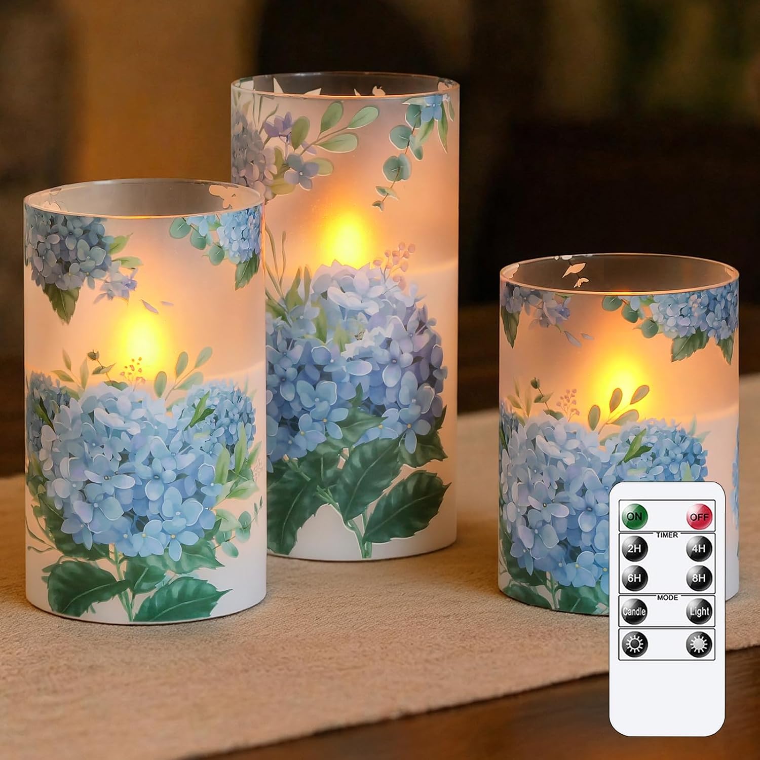 Blue Hydrangea Flameless LED Pillar Candles with Remote, Pack of 3 Glass Shell Flickering Electric 3D Wick Warm Light Real Wax Battery Operated Fake Timer Lighting, 3" x 4" 5" 6" Home Decor