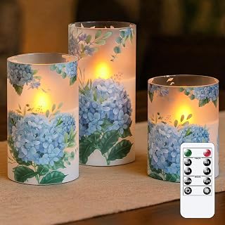 Blue Hydrangea Flameless LED Pillar Candles with Remote, Pack of 3 Glass Shell Flickering Electric 3D Wick Warm Light Real Wax Battery Operated Fake Timer Lighting, 3" x 4" 5" 6" Home Decor