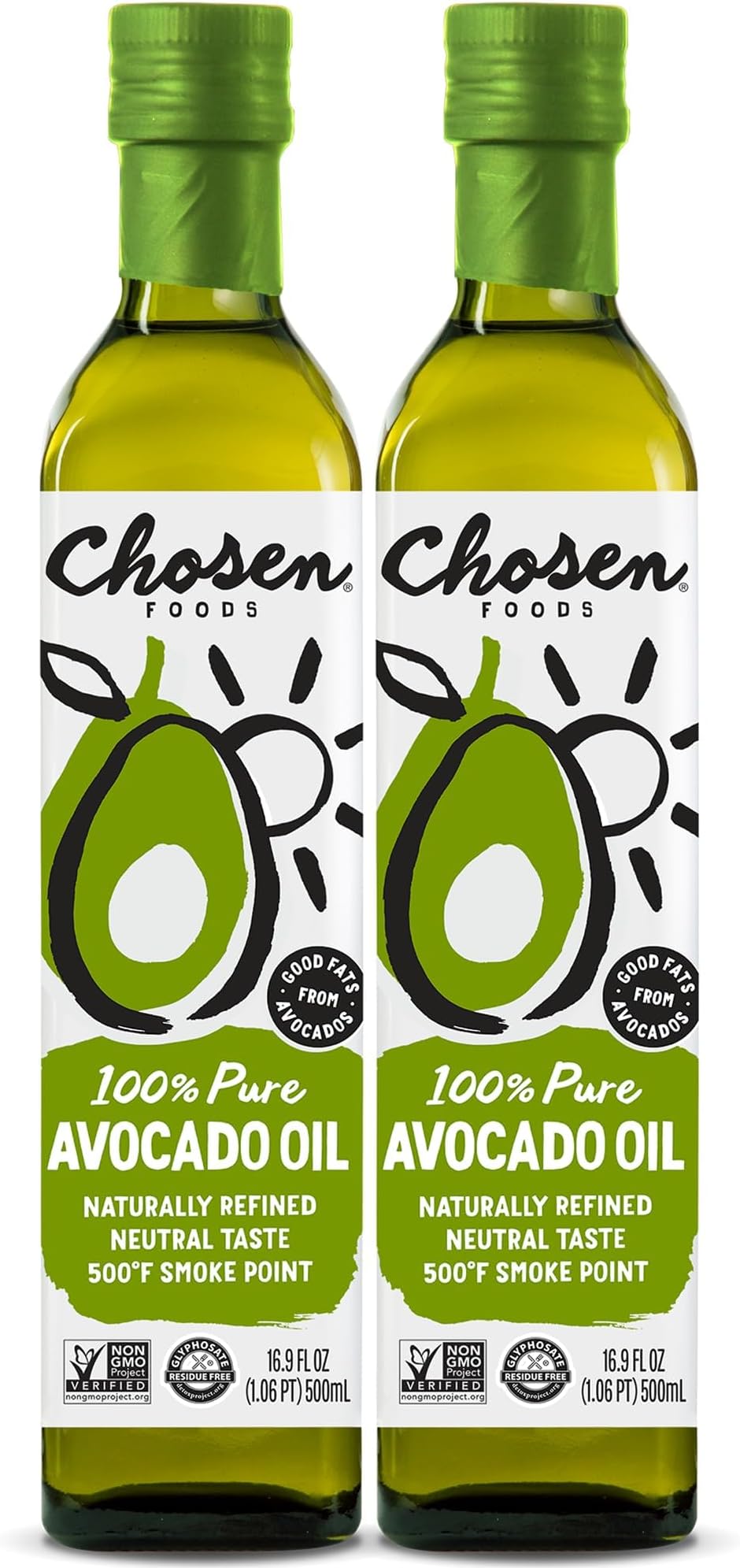 Chosen Foods 100% Pure Avocado Oil 16.9 oz. (2 Pack), Non-GMO for High-Heat Cooking, Frying, Baking, Homemade Sauces, Dressings and Marinades
