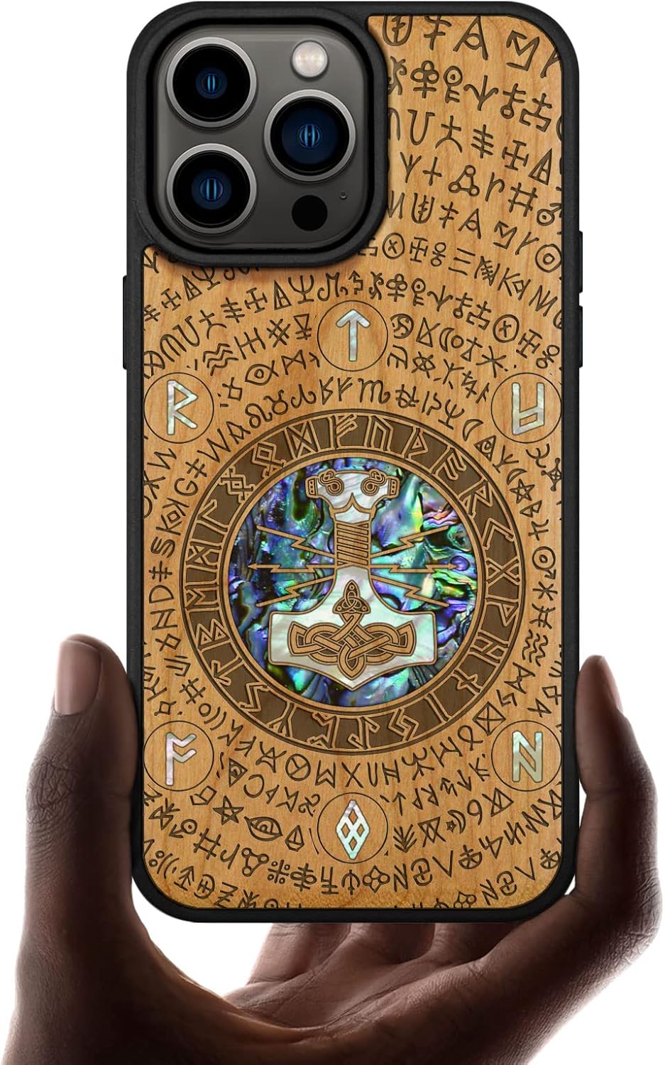 Carveit Designer Wooden Protective Magnetic Case for iPhone 14 Pro Max Case [Wood Engraving & Shell Inlay] Wood Phone Cover Compatible with 14 Pro Max MagSafe (Thors Hammer-Walnut)