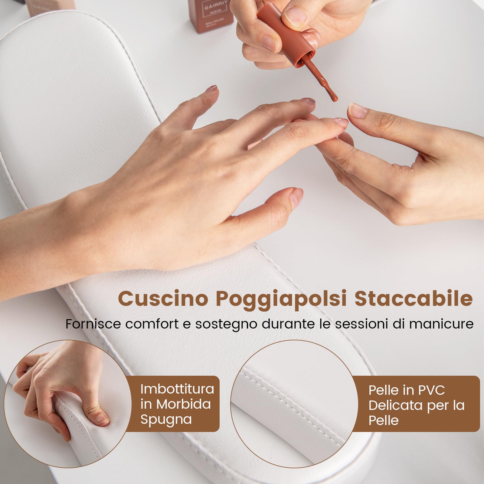Tavolo da Manicure in Legno con Cassetti e Armadietti, Poggiapolsi Rimovibile, Gambe in Metallo, Bianco