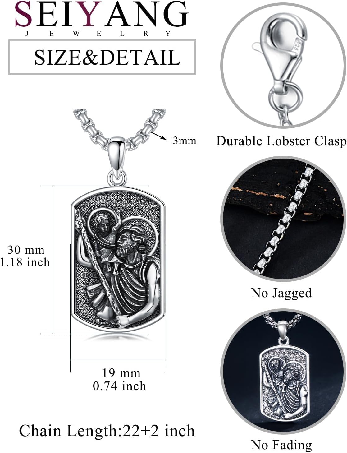 Seiyang Saint Necklace 925 Sterling Silver Patron Amulet Medal Jewelry for Men Women (with Gift Box)