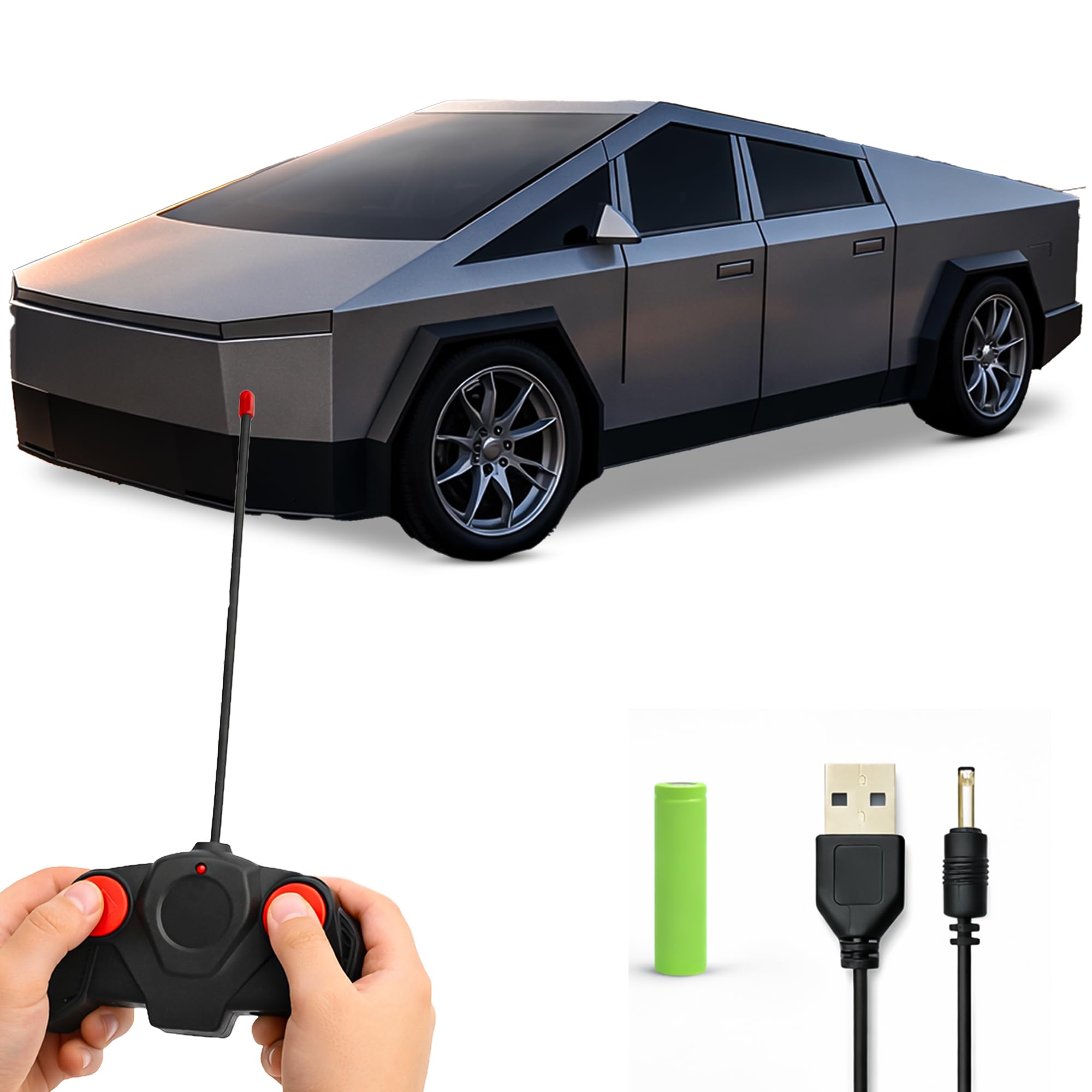 RC Car Tesla Model Style Cybertruck for Kids, Black, 1:16 Scale, USB Rechargeable, Alloy Wheels, 2.4GHz, Ages 3+ (Grey)-image-20