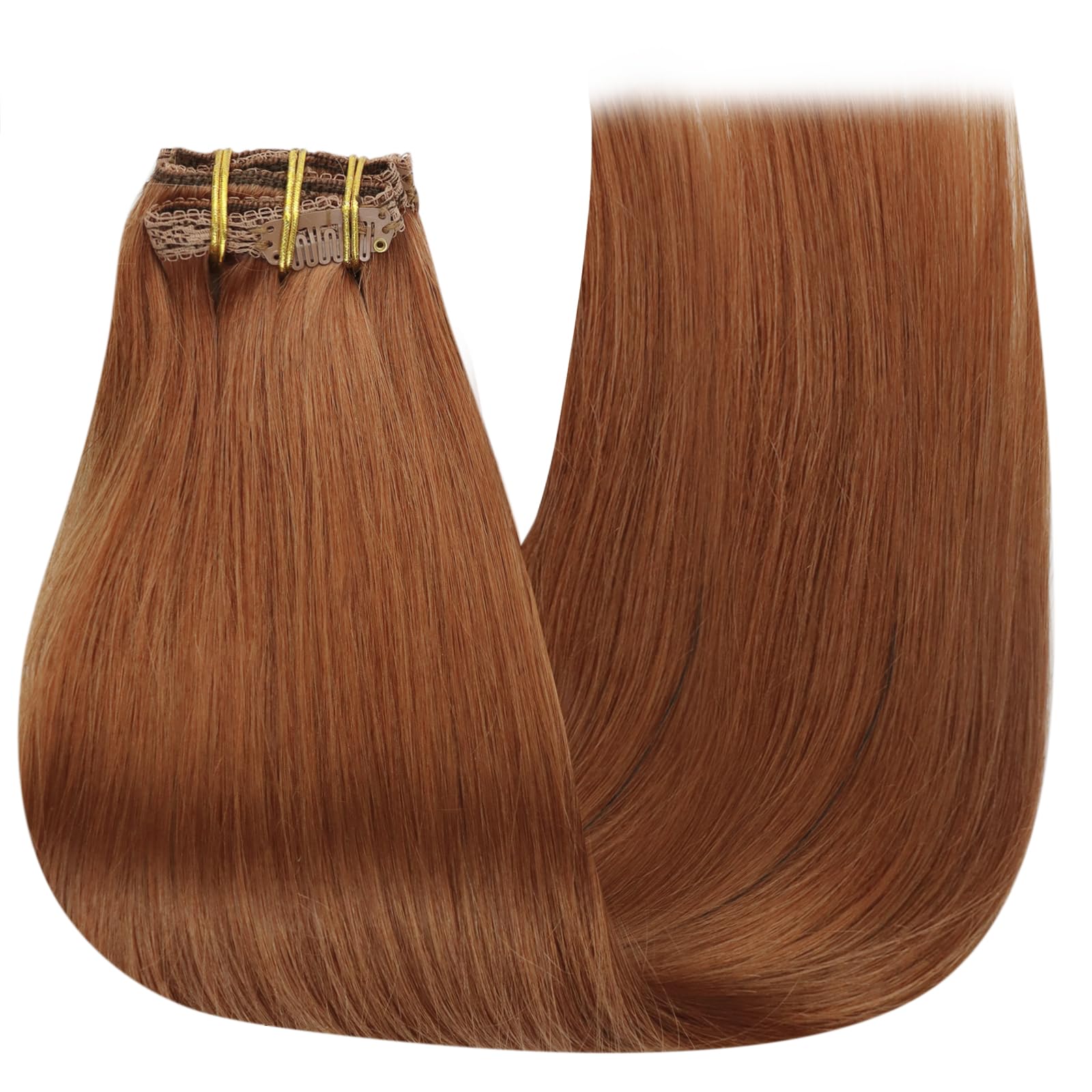 YoungSee Clip in Extensions Echthaar Kupfer,Clip in Extensions Glattes,Clips Hair Extension Menschliches fur Damen,45 cm,120g,7 Stücke,330