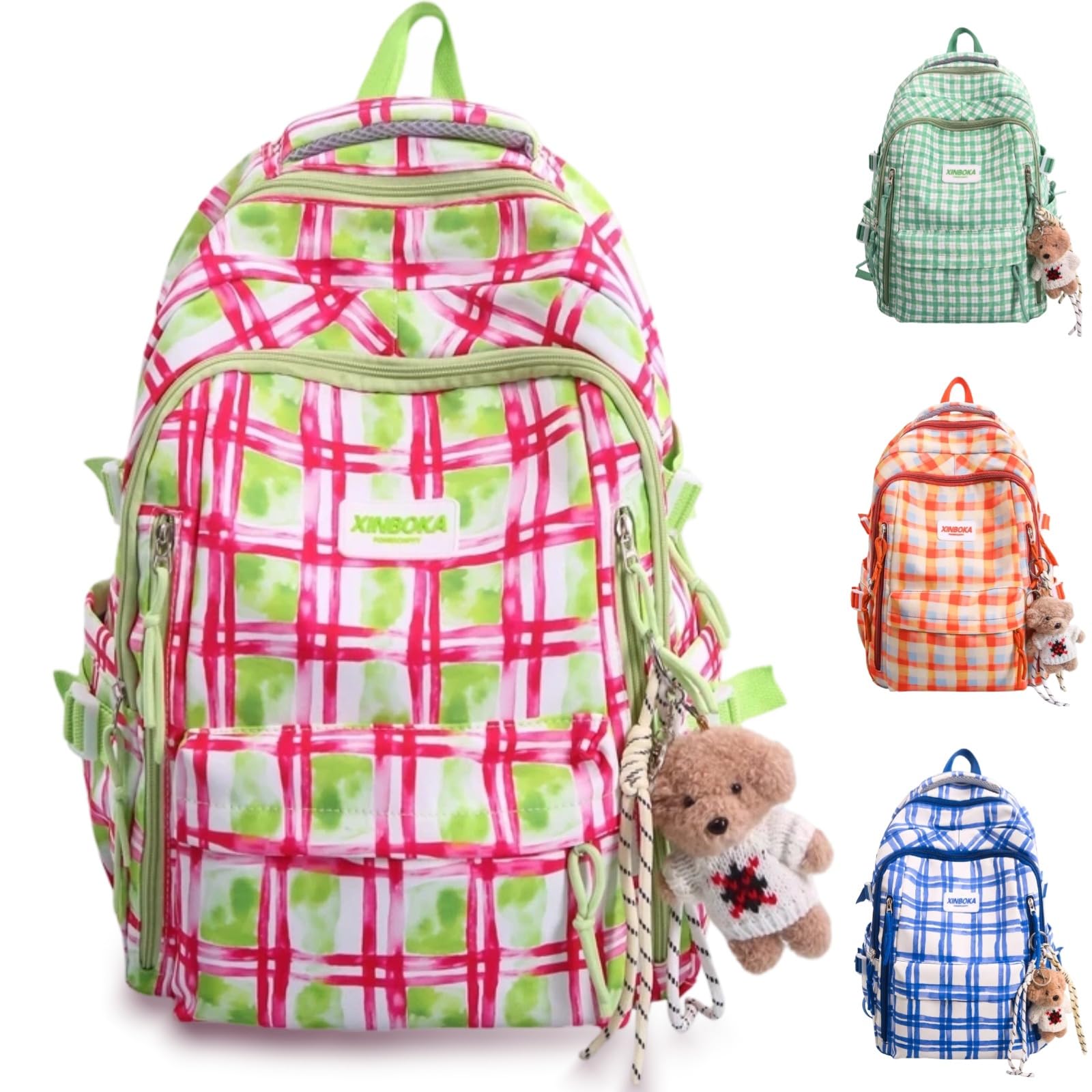 Teclado Kawaii Backpack with Cute Accessories Plaid Nylon Casual Bookbags with Pendants Laptop Bag Travel Daypacks (Pink)