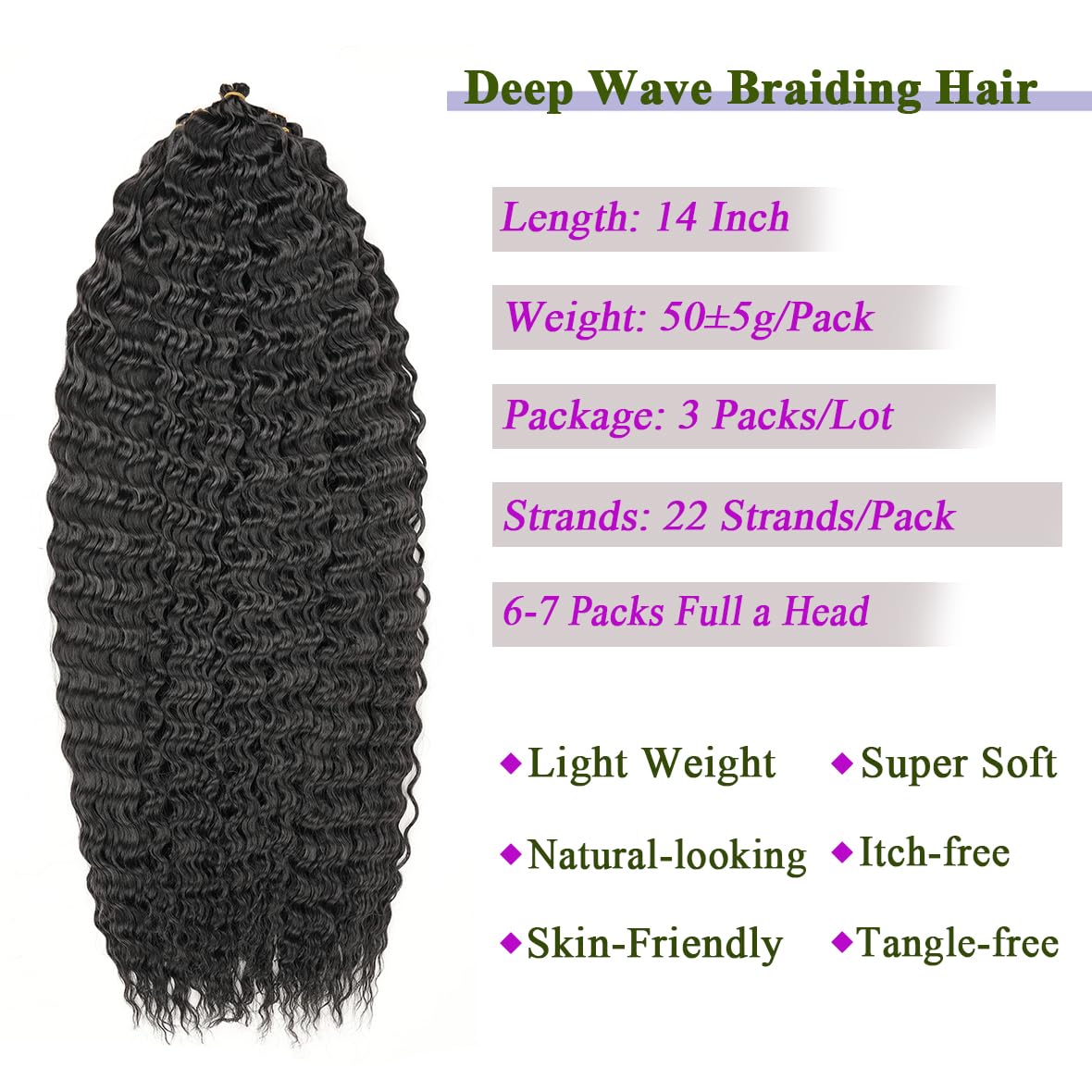 Kachanaa 14 Inch Ocean Wave Crochet Hair Pre-Separate Black Crochet Braiding Hair for Boho Box Braids 3 Pack Synthetic Deep Wave Braiding Hair Extensions for Goddess Braids /1B# - Image 4