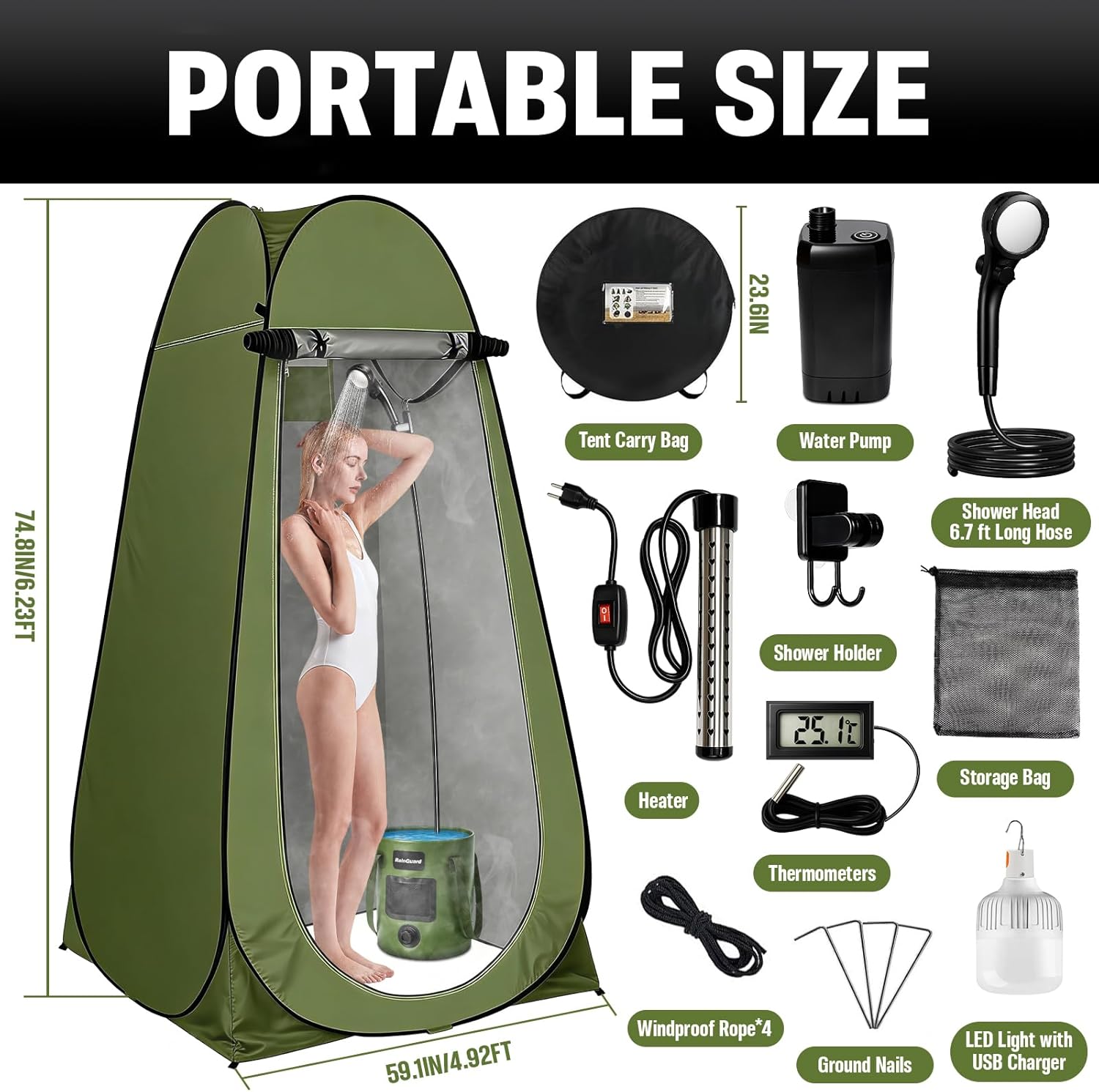 Portable Shower for Camping, 6000mAh Rechargeable Camp Shower Pump with Large Capacity Foldable Bucket, Filtered Shower Head, Outdoor Camping Shower Kit for Travel, Pet Bath, Car Washing 6.6 Gallons With Heater & Tent Green