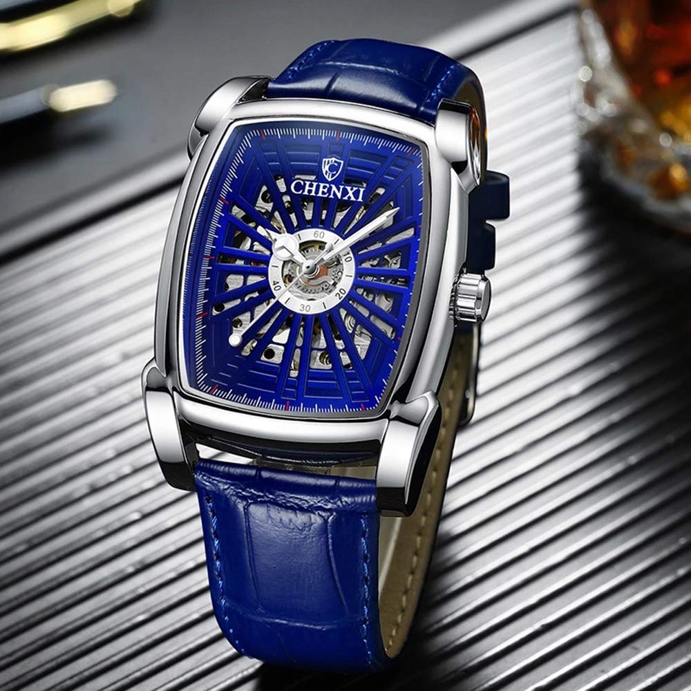 MASTOP Mechanische Herren-Armbanduhr, automatisch, ausgehöhlt, leuchtend, wasserdicht, Leder, rechteckig, Tourbillon-Skelett-Uhr