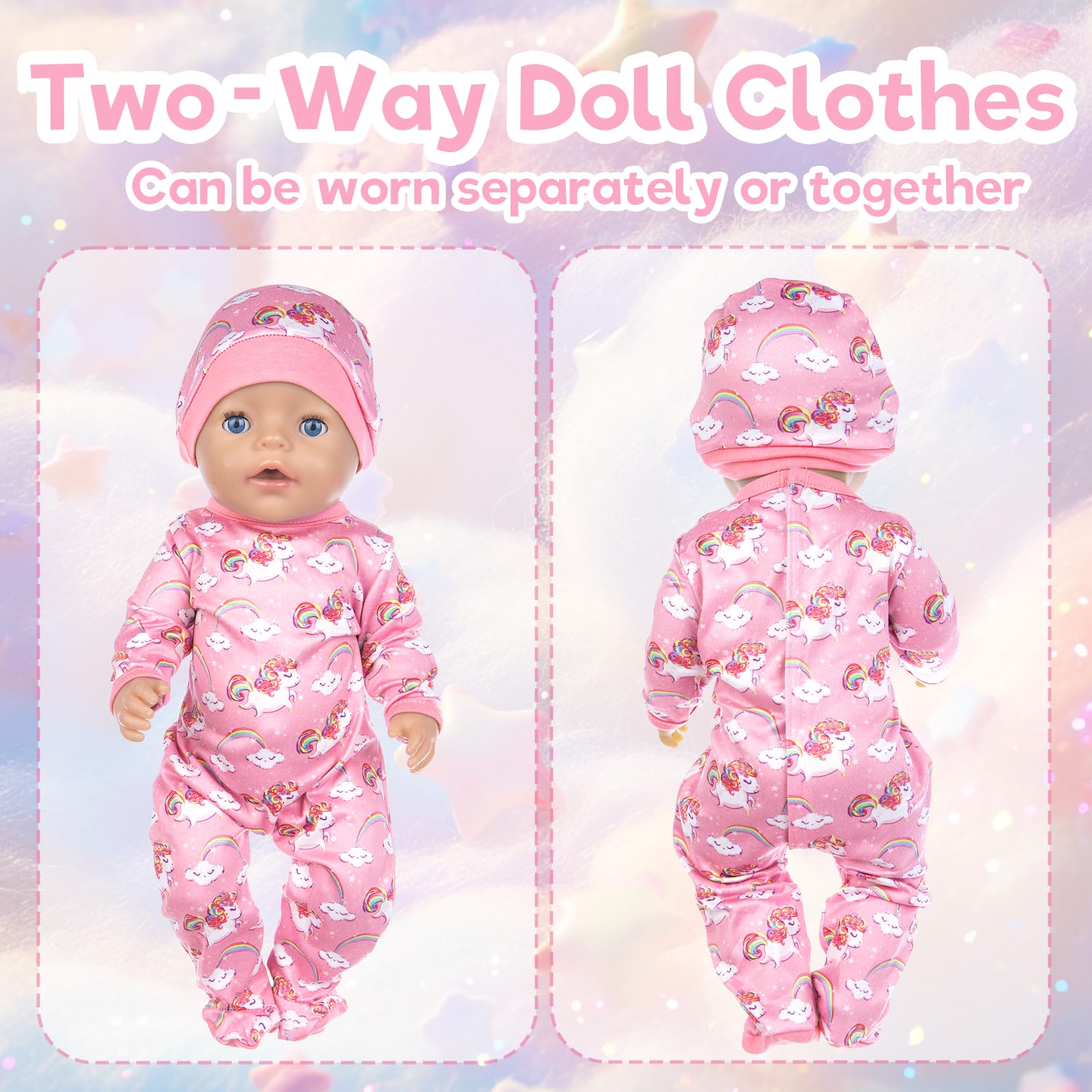 4 Pcs Baby Doll Clothes for 14-17 Inch Dolls, Cute Baby Doll Outfits mit Pink Pony Onesie, Hat - Image 4