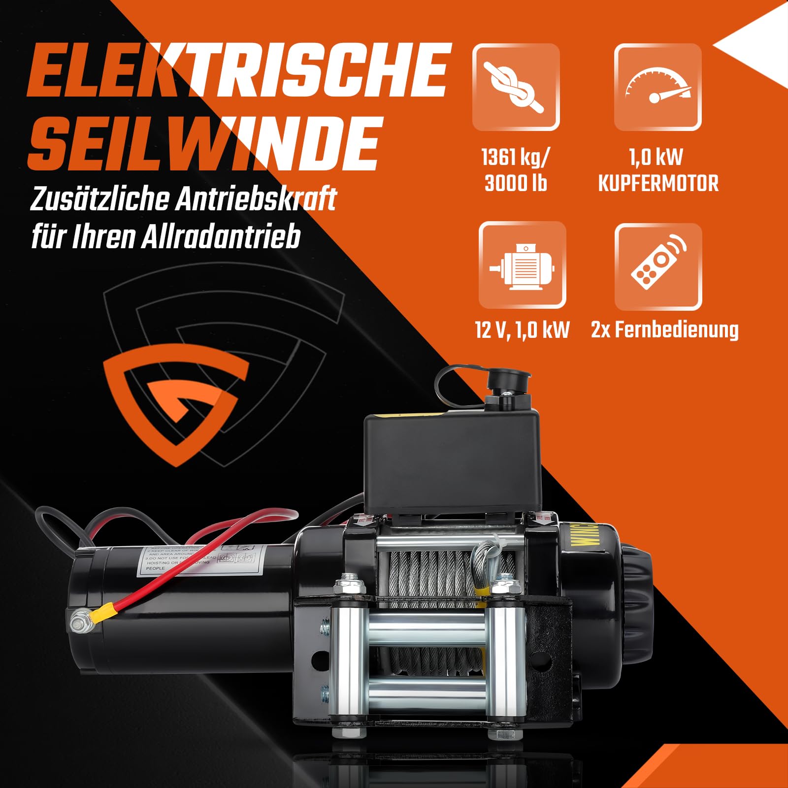 Elektrische seilwinde 12V 1360 kg / 3000lbs, Motorwinde Seilzug Elektrowinde 1kW Motor, mit Stahlseil, Funk & Kabel Fernbedienung, Wasserdicht, Seilfenster, für SUV, Offroad, LKW, Anhänger