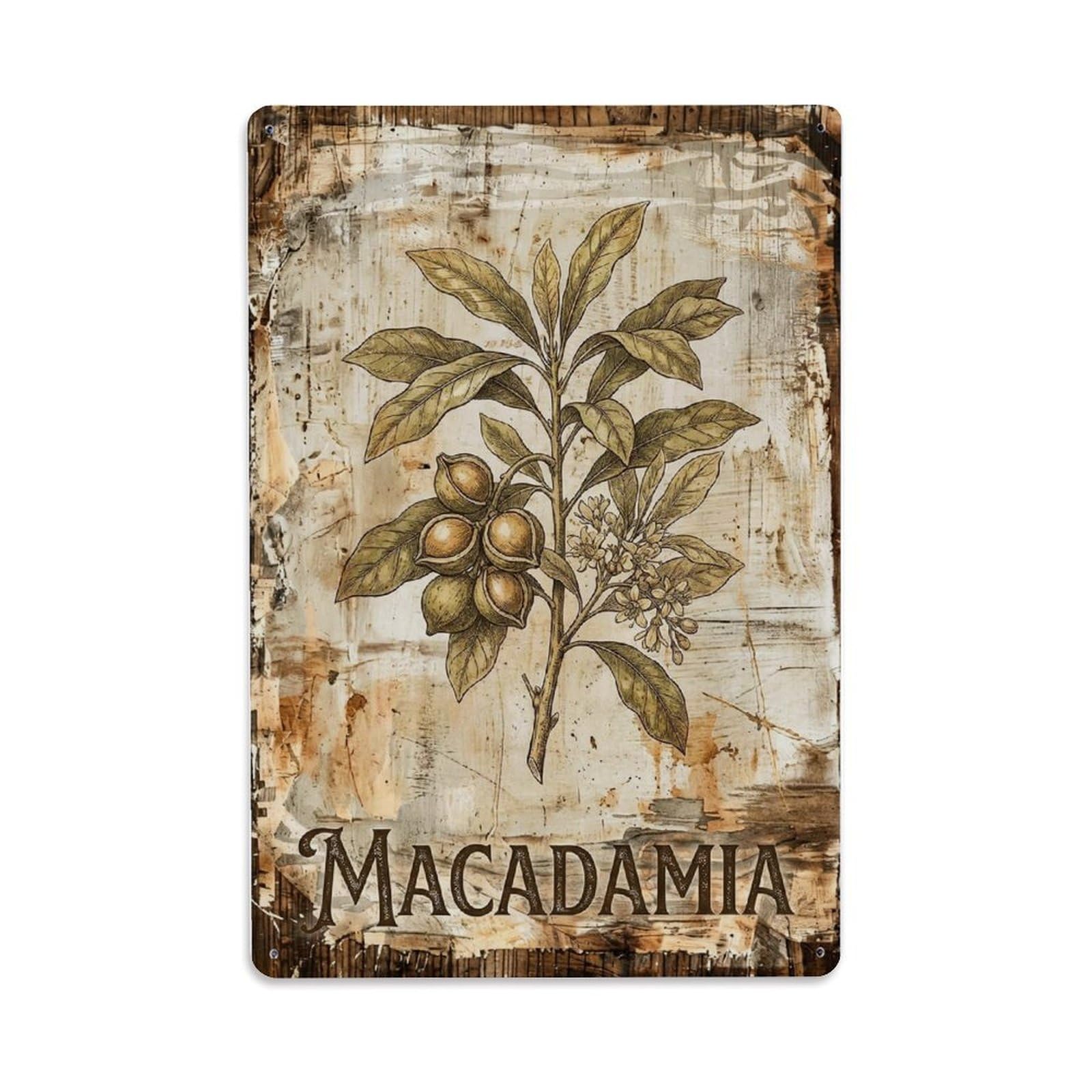 Fqnyr Style Macadamia Tree Nut 1 Metal Tin Sign Plaque Wall Decor For Cafe, Club Bar, Office, Home Garden Metal Poster 8X12inch