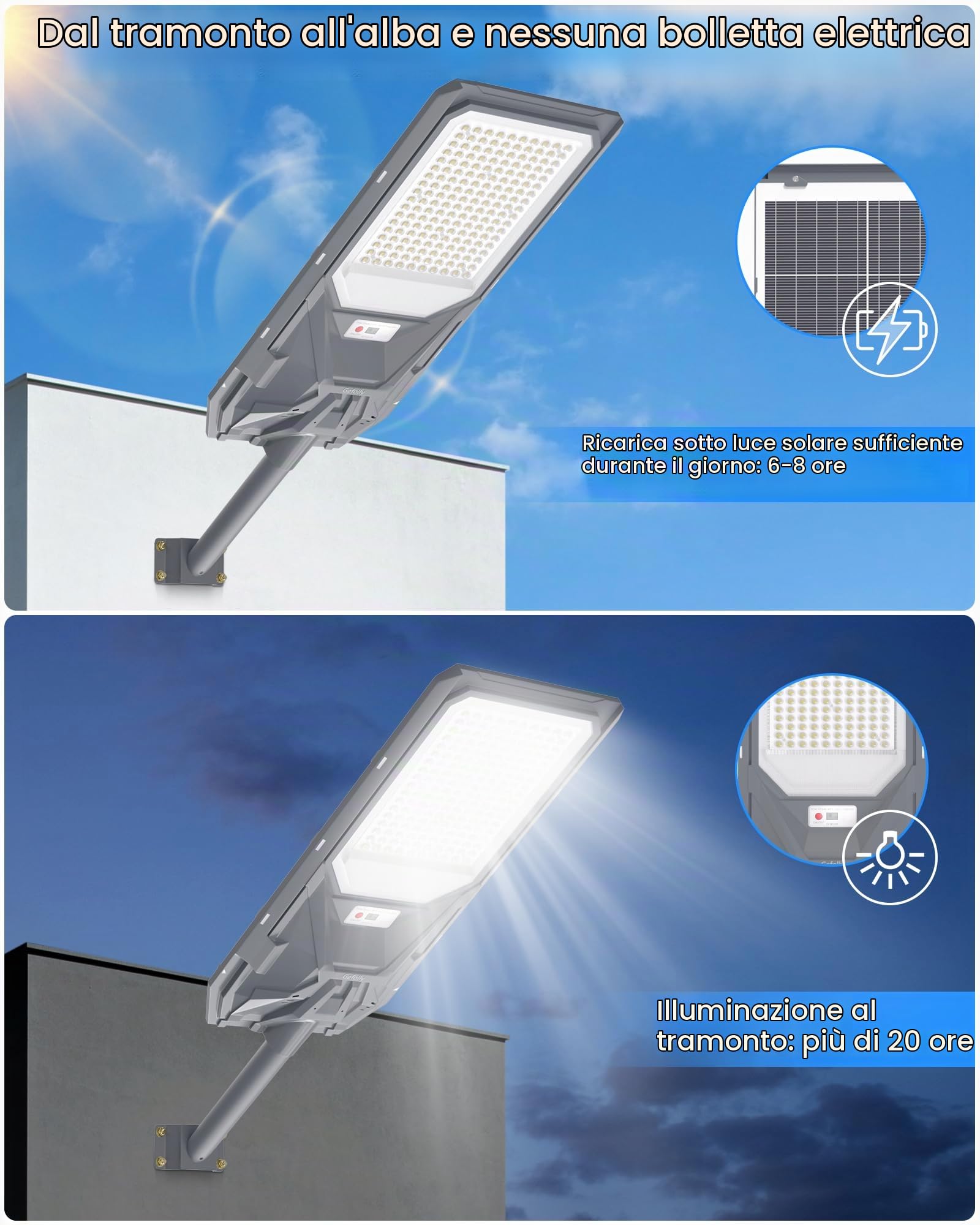 Gefolly SL-5800W Lampione Solare Led Esterno con Telecomando, IP67 Impermeabile Lampada Stradale Solare con Sensore di Movimento, 6500K Lampioni da Giardino Esterno Solari per Garage Strada