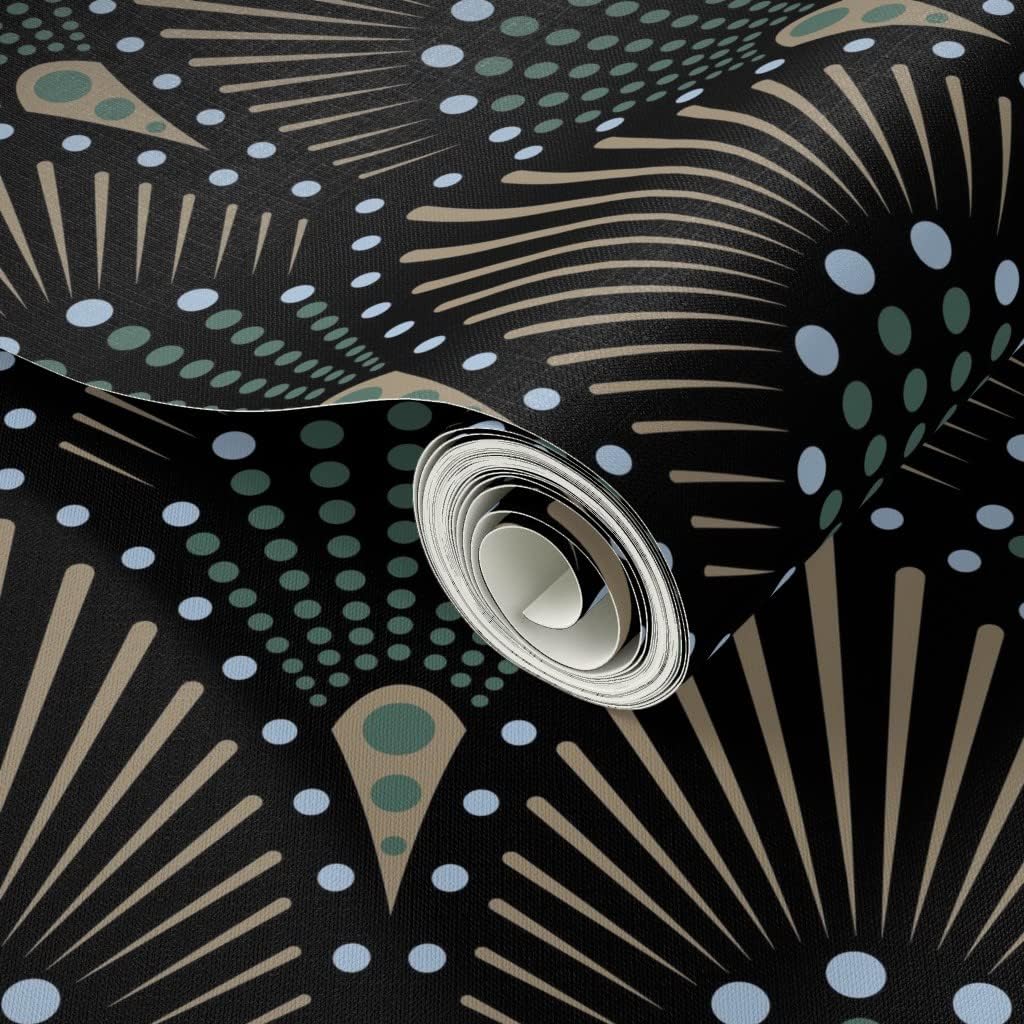 Peel & Stick Wallpaper 3ft x 2ft - Art Deco Fan Black Green Brown Gold Geometric Dots Custom Removable Wallpaper by Spoonflower