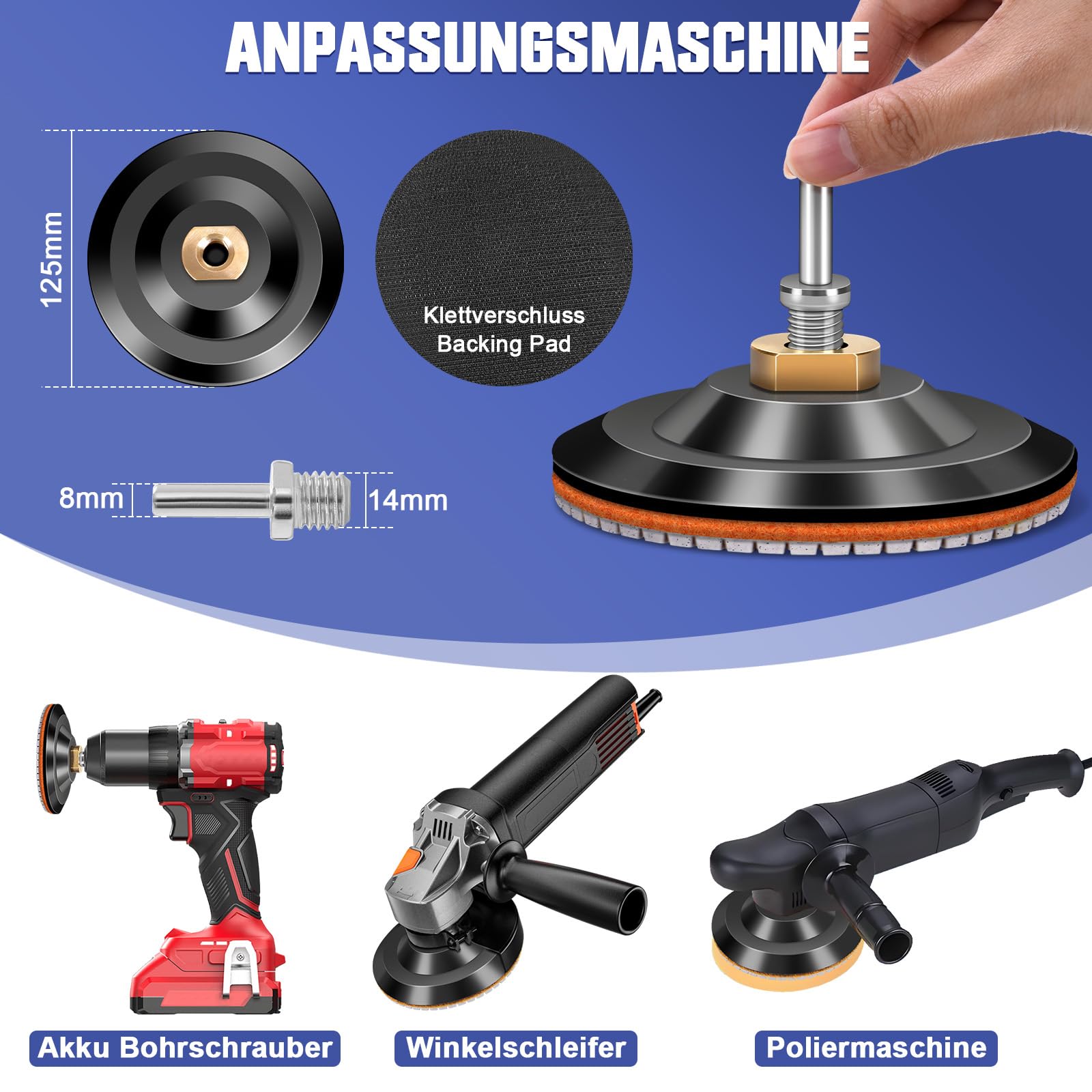 16 discos de pulido de diamante de 125 mm, incluye placa de apoyo de goma sólida M14, fieltro de lana, almohadilla de pulido de espuma, accesorio de broca de 8 mm, disco abrasivo de diamante 50