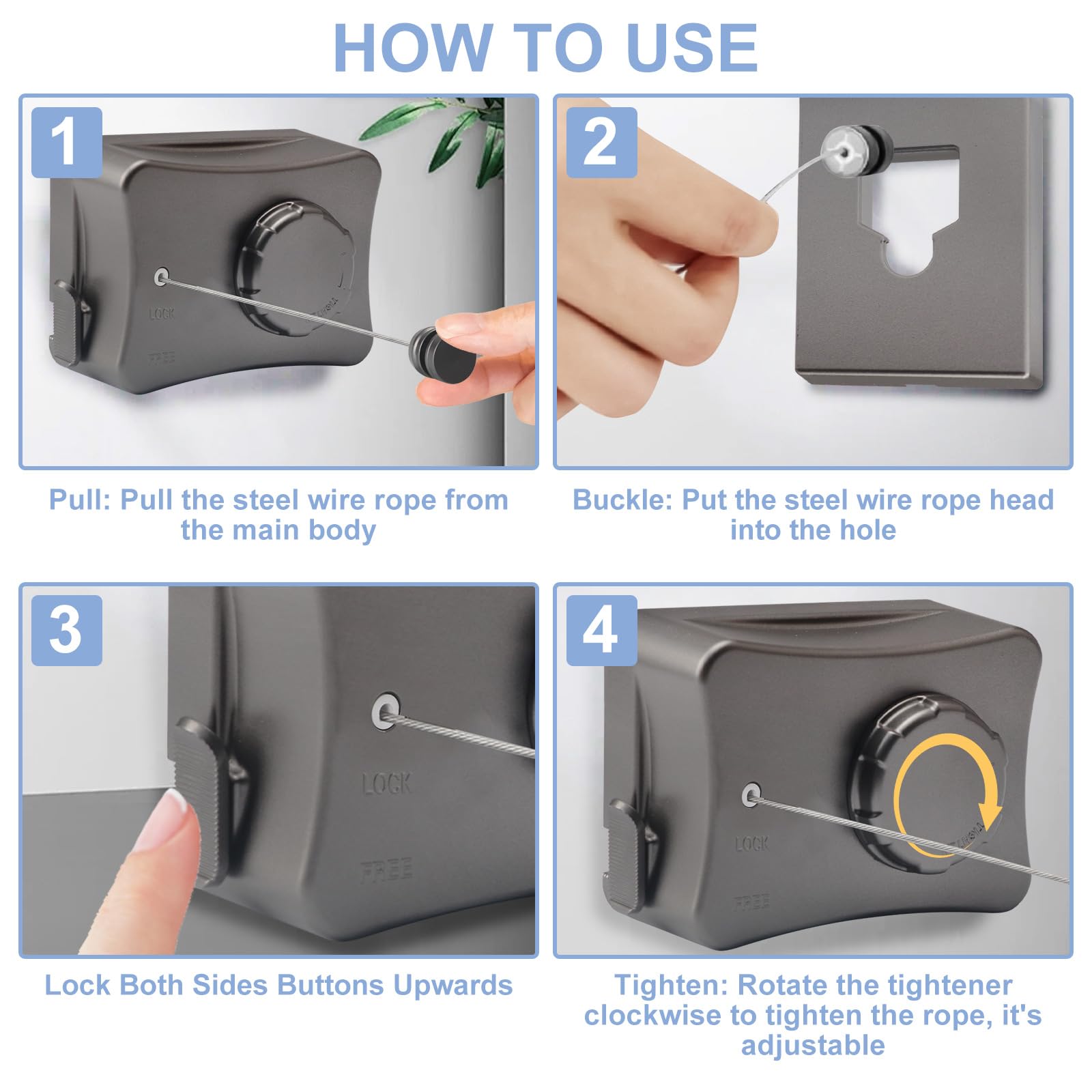 Domigard Stendibiancheria Retrattile, 5,1m Filo Stendibiancheria da Parete Salvaspazio In Acciaio Inossidabile, per Interni Ed Esterni, Corda da Biancheria Regolabile Invisibile(Grigio)