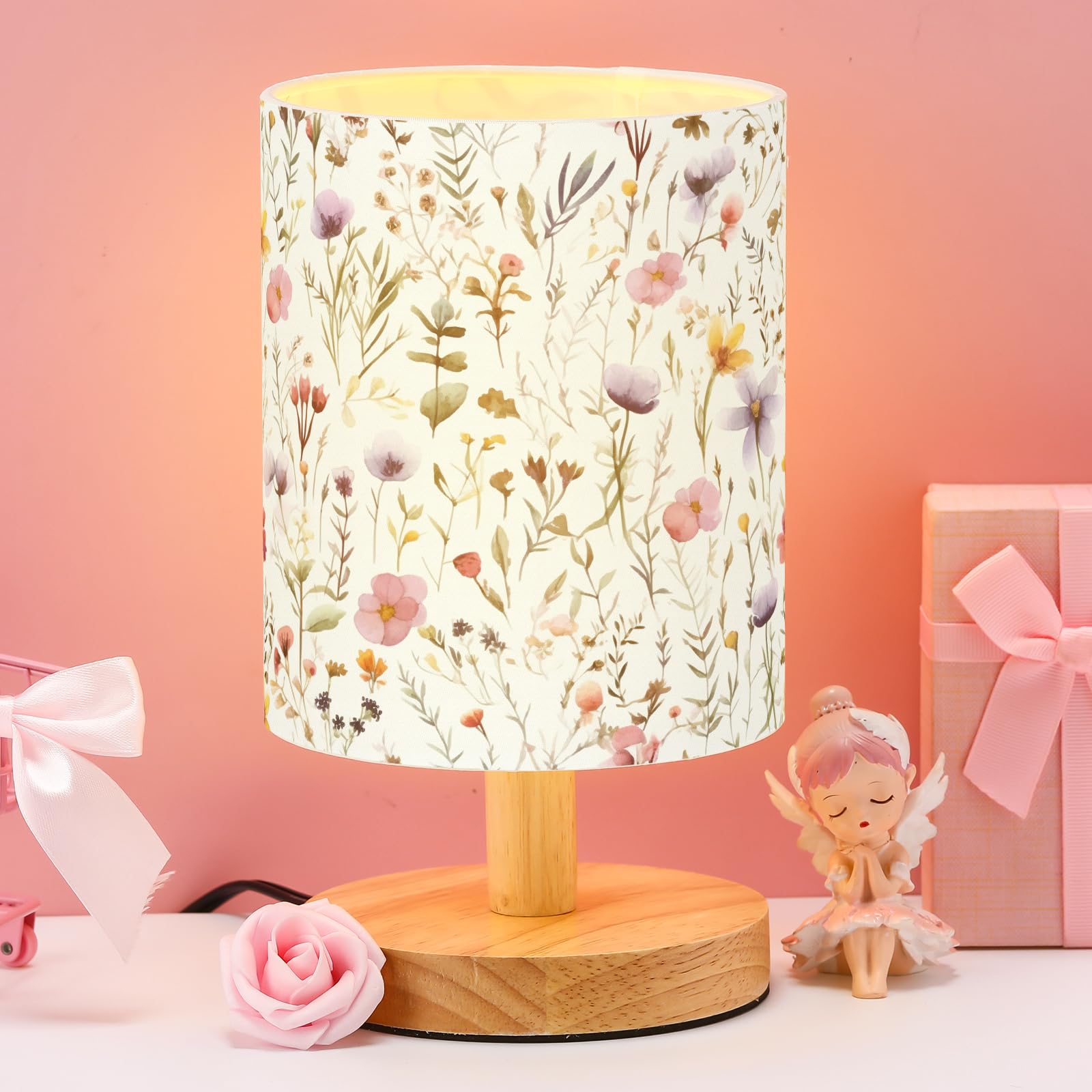 VIHOSE Wildflower dziecięca lampa stołowa do sypialni dzieci lampka nocna z lnianą drewnianą szafką nocną kreskówka przedszkole abażur dla dziewcząt chłopców salon