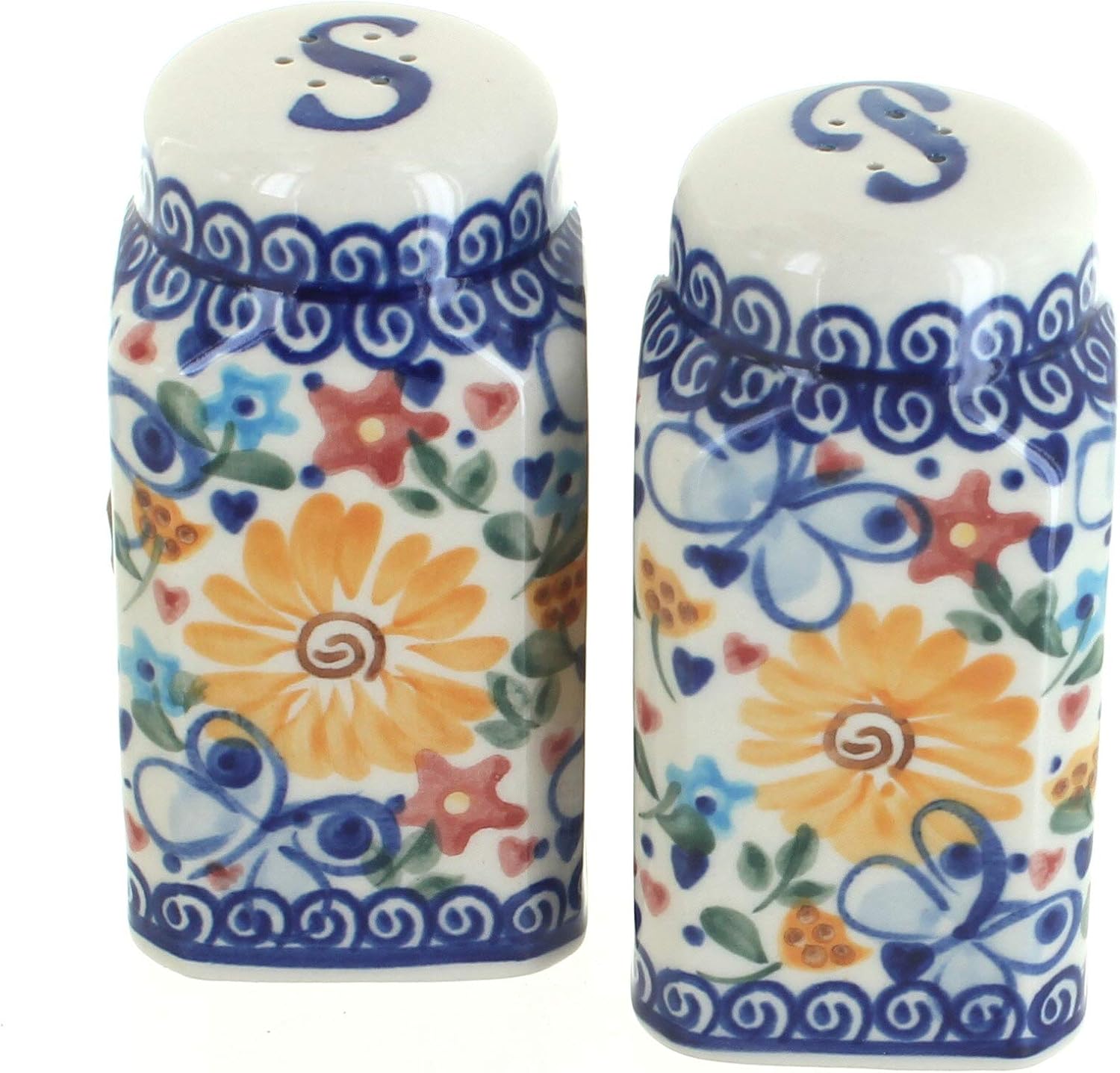 Blue Rose Polish Pottery - Red Tara Large Salt & Pepper Shakers - 4.5" Tall - Hand-Painted Ceramic Seasoning Set for Table & Kitchen
