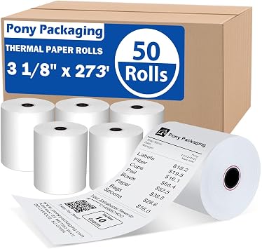 50 Rolls 3 1/8 x 273 Thermal Paper Rolls, BPA Free Thermal Receipt Paper Rolls, Fits All POS Cash Registers Thermal Paper Receipt Roll Pony Packaging