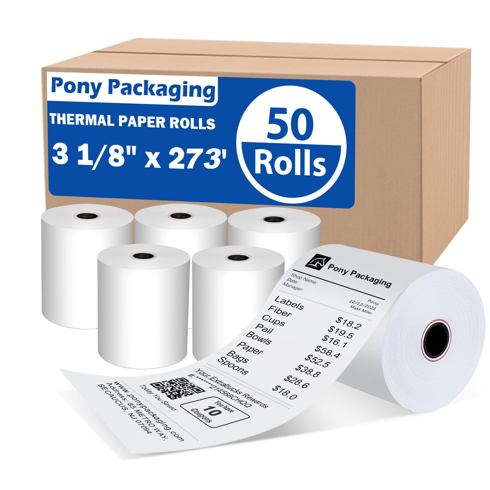 (50 Rolls) 3 1/8 x 273 Thermal Paper Rolls, BPA Free Thermal Receipt Paper Rolls, Fits All POS Cash Registers Thermal Paper Receipt Roll Pony