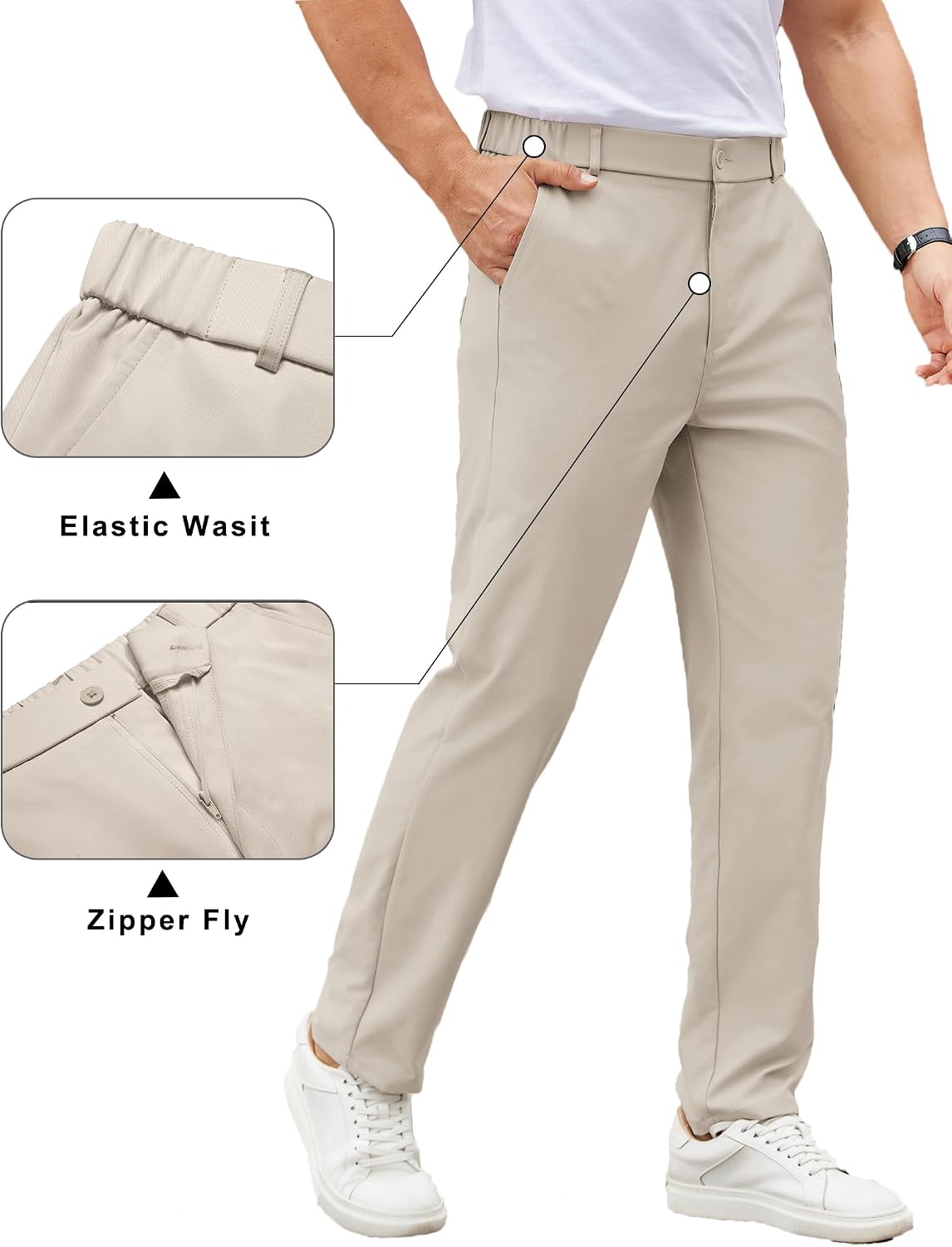 COOFANDY Mens Casual Chino Pants Elastic Waist Lightweight Trousers Classic-Fit Business Dress Pants with Pockets