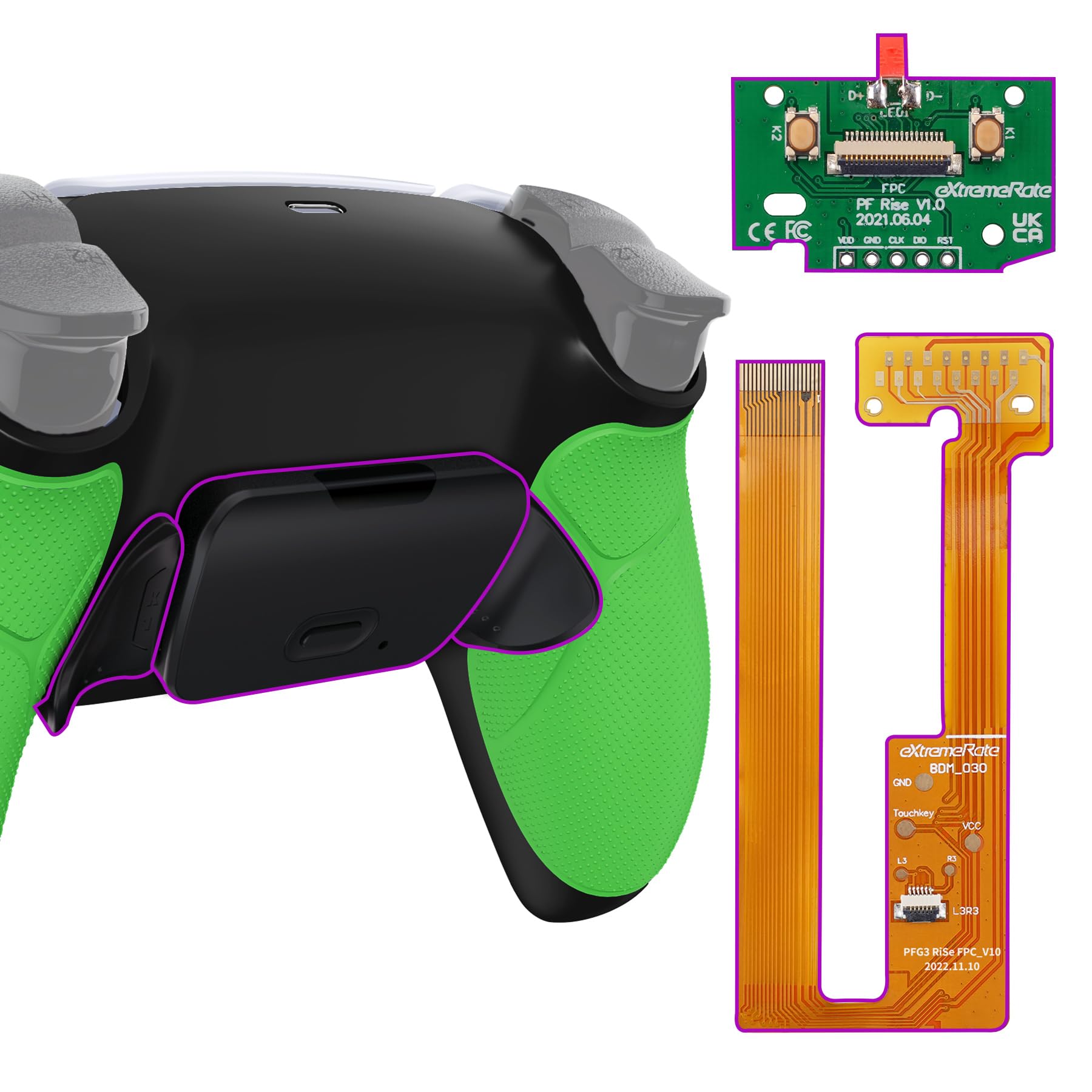 eXtremeRate Kit de reasignación de elevación programable de Agarre de Goma Verde para Controlador de PS5 BDM-030 040 050, Tablero de actualización y Carcasa Trasera Negra rediseñada y Botones