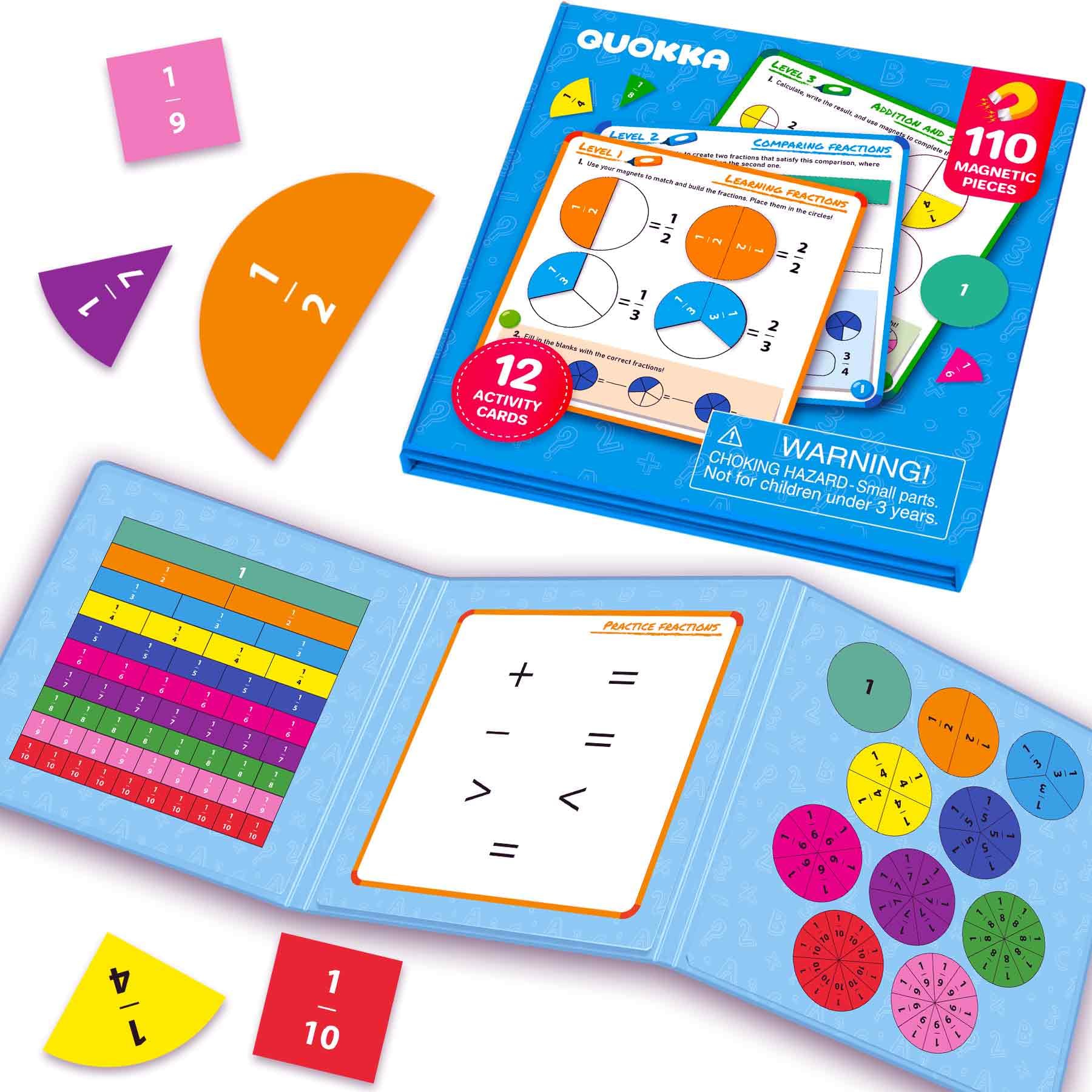 QUOKKA Magnetic Fractions Learning Set for Kids Ages 6-12 – Hands-On Math Games for Homeschooling, Classrooms & Travel – 110 Magnets, 12 Task Pages, Marker – Montessori Educational Toy Puzzles