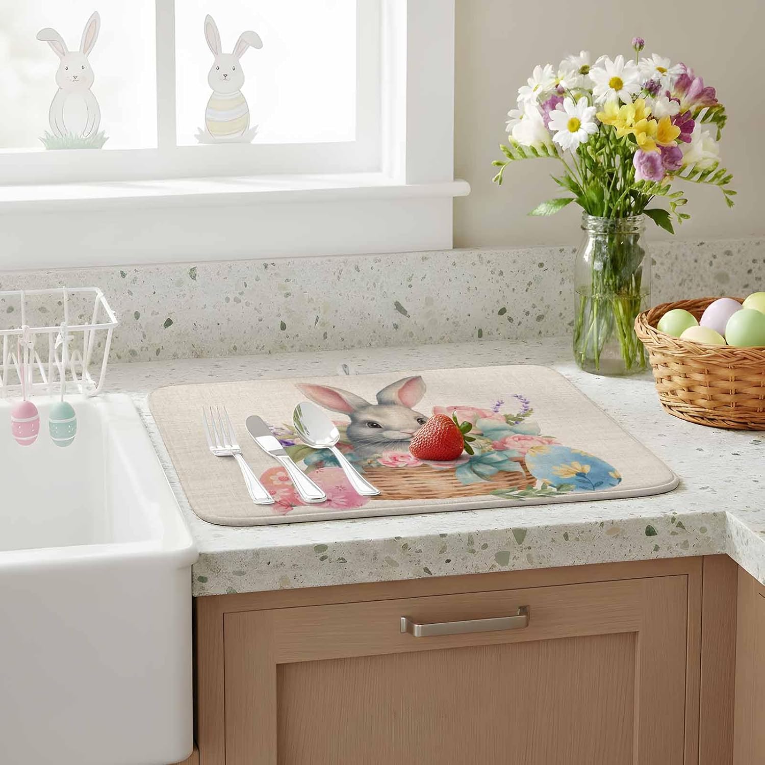 Absorbent Dish Drying Mat for Kitchen Counter,Easter Egg Cute Bunny on Basket Microfiber Quick Dry Pad Dishes Drainer Rack Mats for Under Sink Utensils 18x24in,2 Pack,Colorful Flower on Burlap