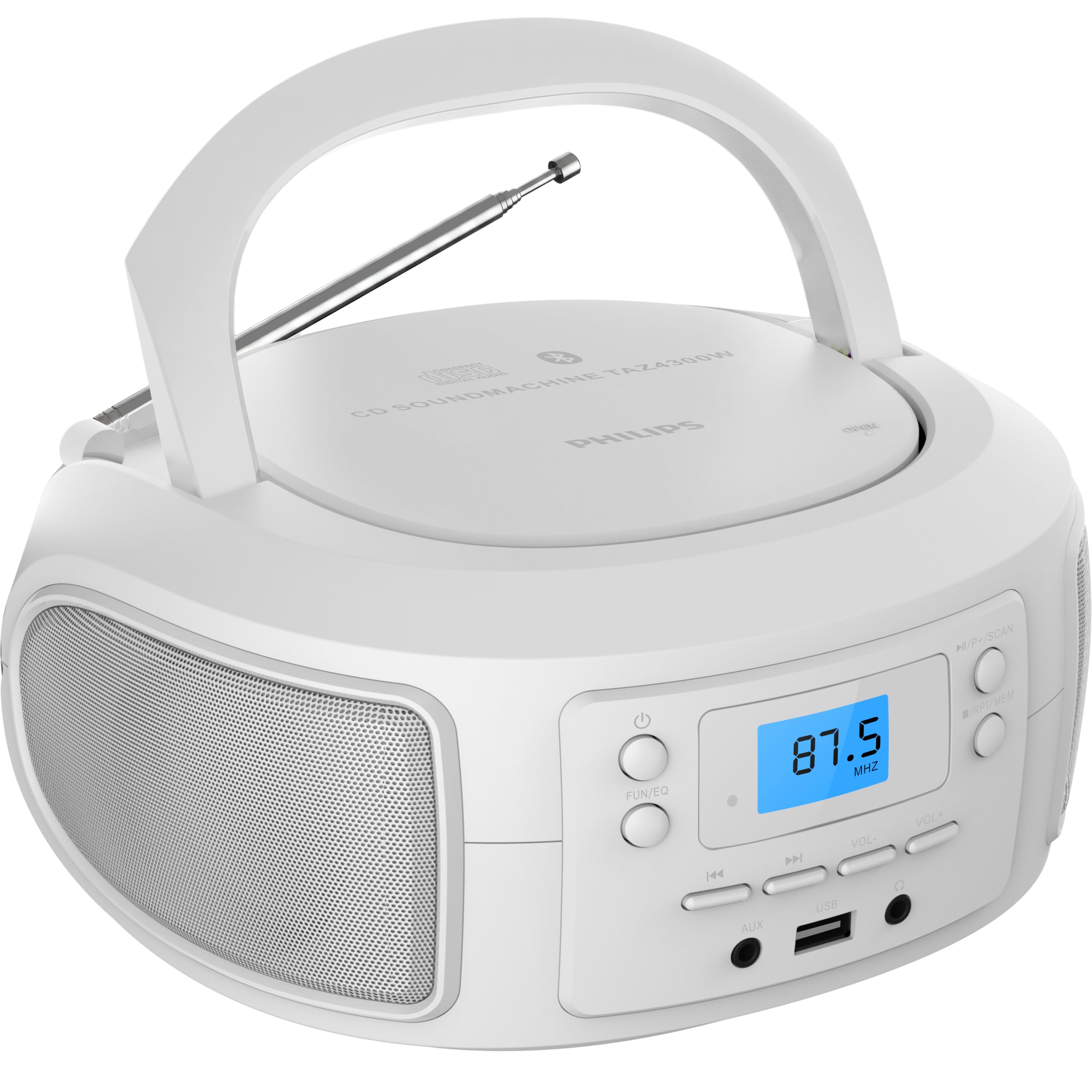 Philips CD Player Portable with Bluetooth, Crystal Clear Sound Top Loading CD Boombox with FM Radio, USB Port & Aux Input, Compact & Lightweight Design, CD-R/CD-RW/MP3 Compatible (White)-image-12