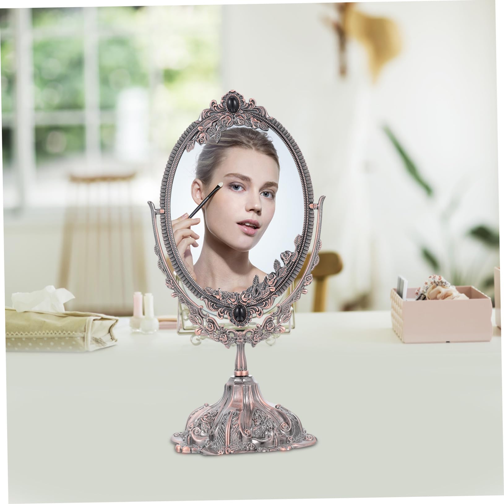 minkissy Doppelseitiger Tischspiegel aus Zinklegierung im Europäischen Stil | Drehbar mit Flachem Standfuß, Hochauflösende Sicht, Geeignet für Make Up und Hochzeit