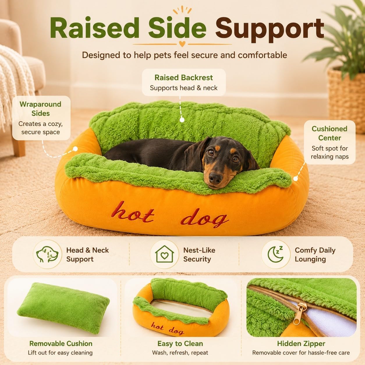 Adius Cuccia Hot Dog per Cane, Letto Hot Dog per Bassotto, con Fondo Antiscivolo, Cuscino Rimovibile e Lavabile per Piccoli Animali, per Casa e Soggiorno (L)