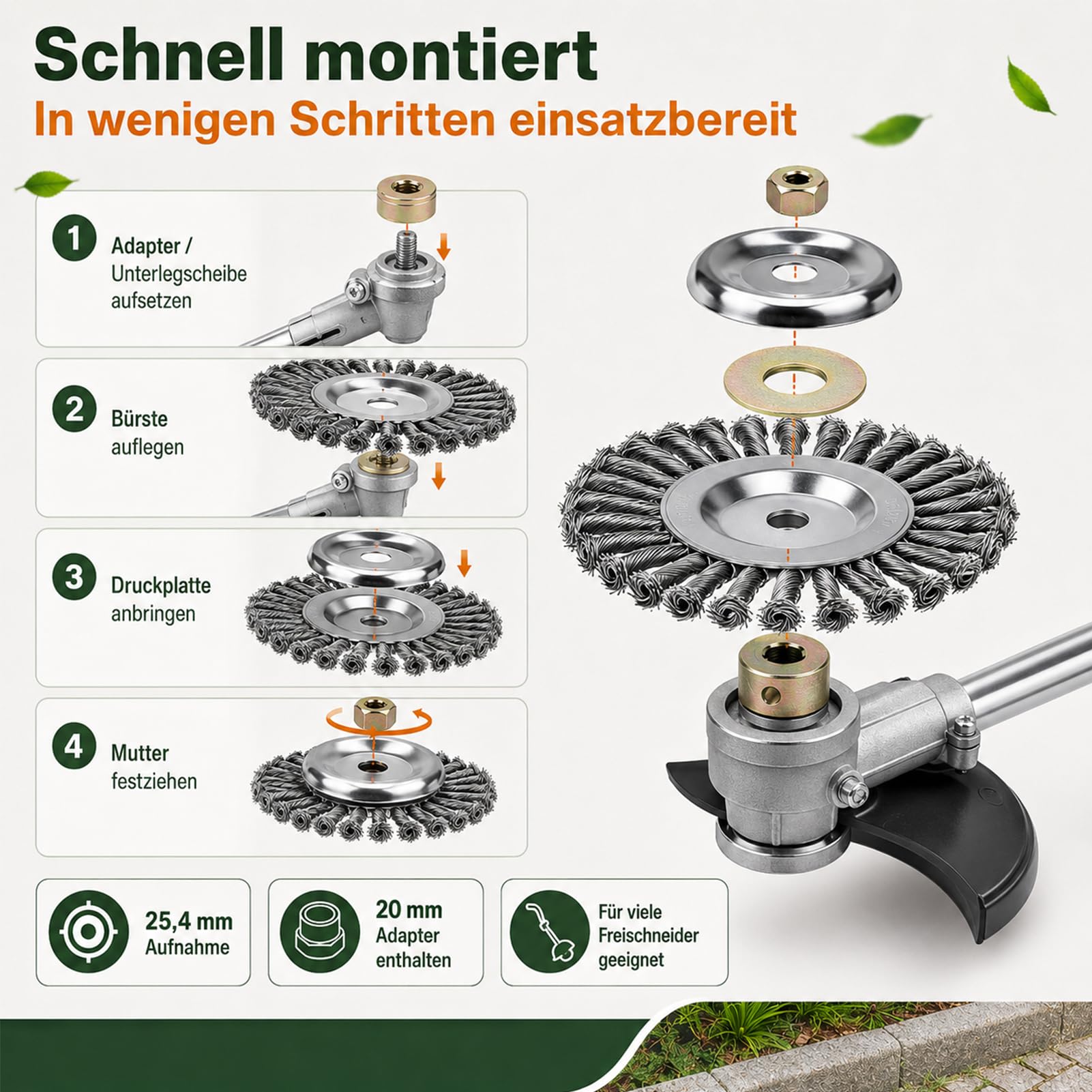 Unkrautbürste für Freischneider 2er Set, Drahtbürste für Motorsense 6 & 8 Zoll, Wildkraut- & Fugenbürste mit 25,4 mm Aufnahme & 20 mm Adapter für Pflaster & Einfahrt