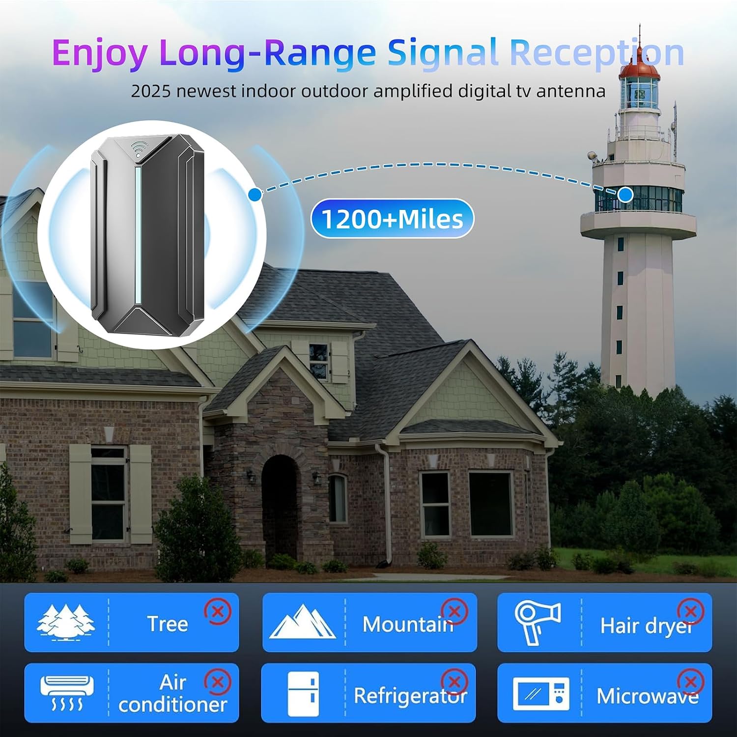 GRANTLEY Digital TV Antenna for Smart TV Indoor,HD Antenna Support 8K 1080p with Signal Booster for Local Channels, Long Range Reception with 16ft HDTV Coax Cable