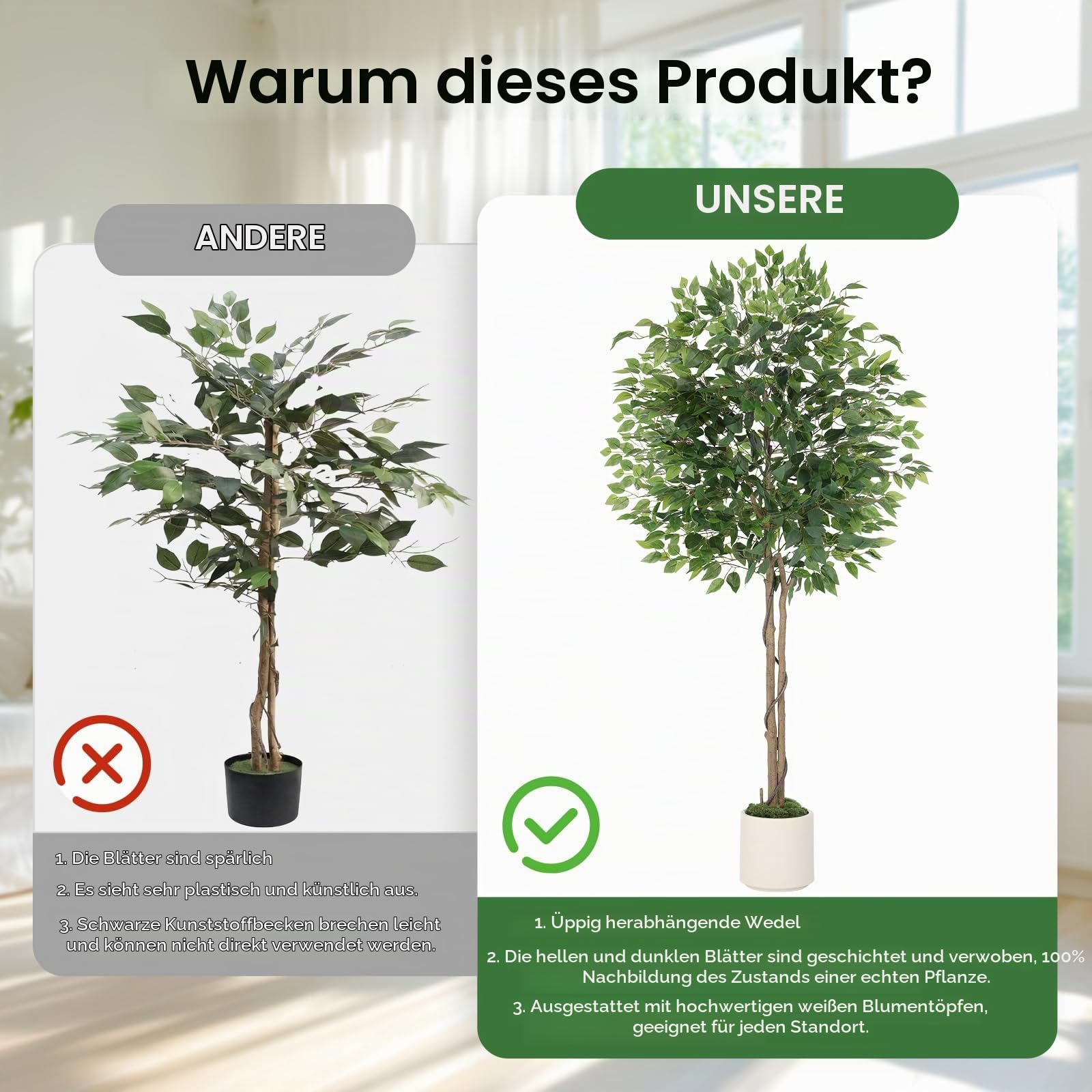 Clevich 180cm Ficus Kunstpflanze Wie Echt,Künstliche Ficus, Weißen Topf,Gebogenem Baumstamm+Üppig Grünen Blättern,Pflegeleichte Zimmerpflanze,Plüschmoos,Künstliche Pflanzen,Einzugsgeschenk,2PCS Moduls