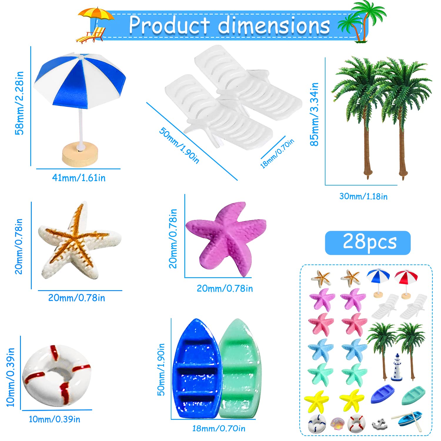 1 set di mini decorazioni da spiaggia per bambini e bambine, micro