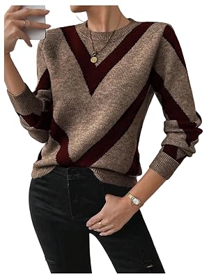 SweatyRocks Womens Chevron Print Long Sleeve Knitted Crewneck Sweater Casual Pullover Top