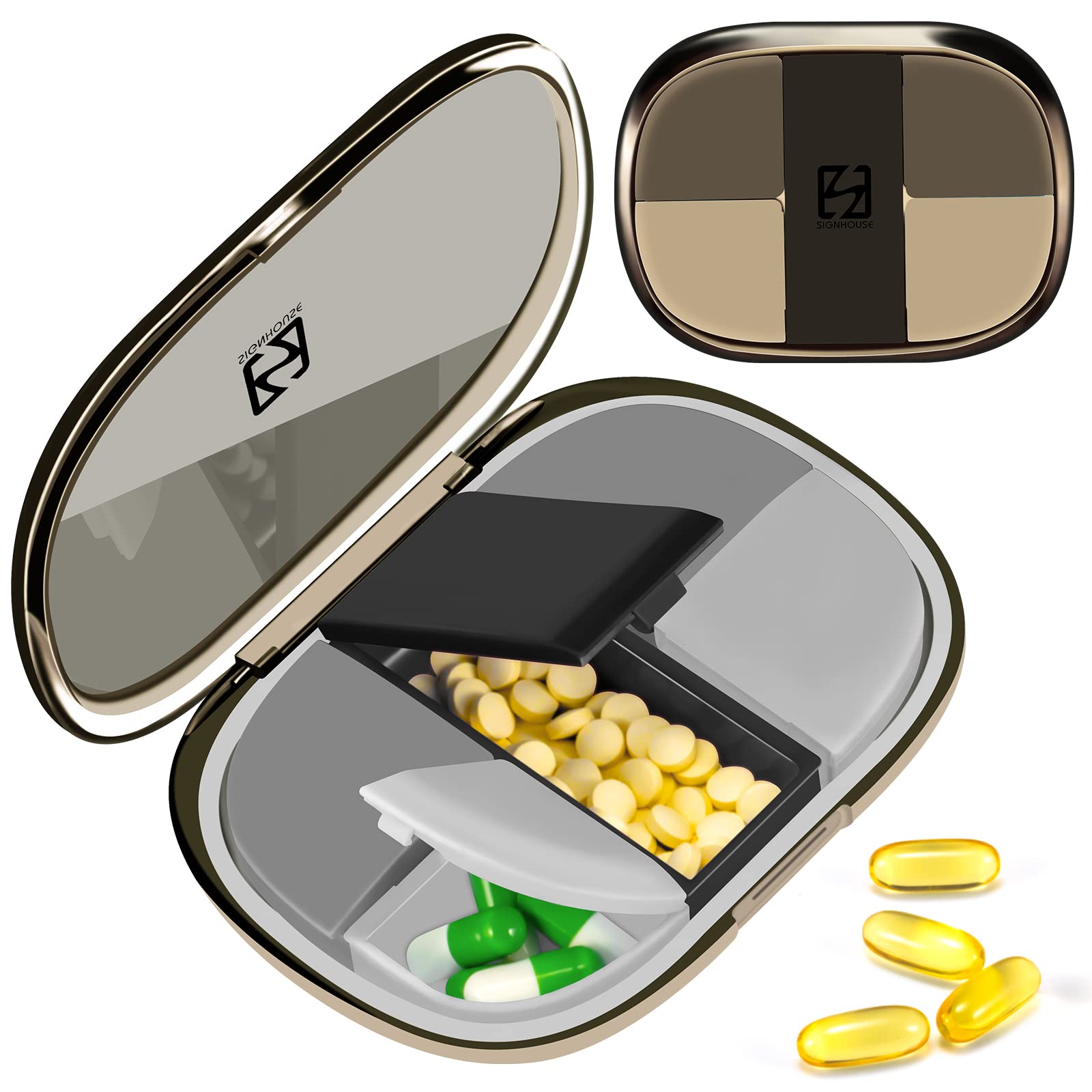Daily Pill Organizer Pocket Pharmacy, 5 Compartments Potable Pill Holder Medicine Case for Women Men Travel Essentials, Pills Container Box to Hold Vitamins, Fish Oils for Purse Pocket - Black Grey
