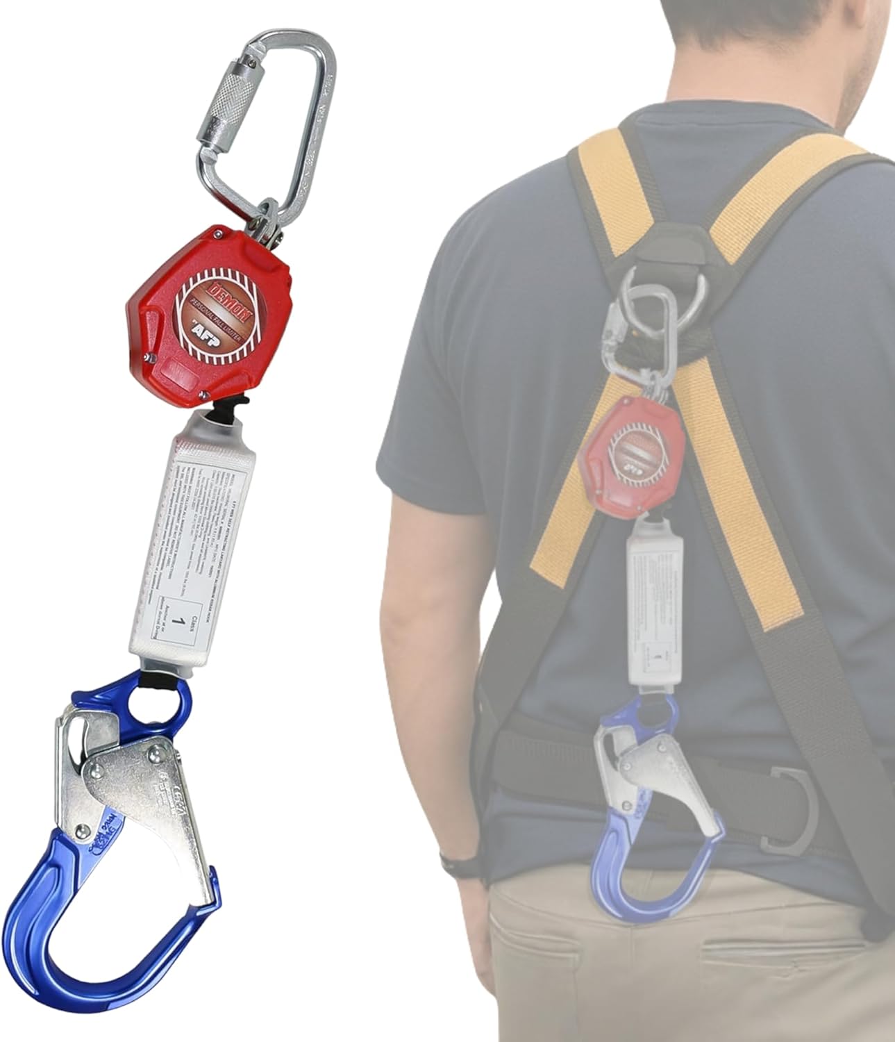 AFP Demon 6 Foot Single Web Leg Self Retracting Lifeline Safety Yoyo, Shock Pack Absorber, Aluminum Rebar Pelican Hook & Steel Carabiner Fall Protection Arrest Limiter SRL | OSHA & ANSI Rated