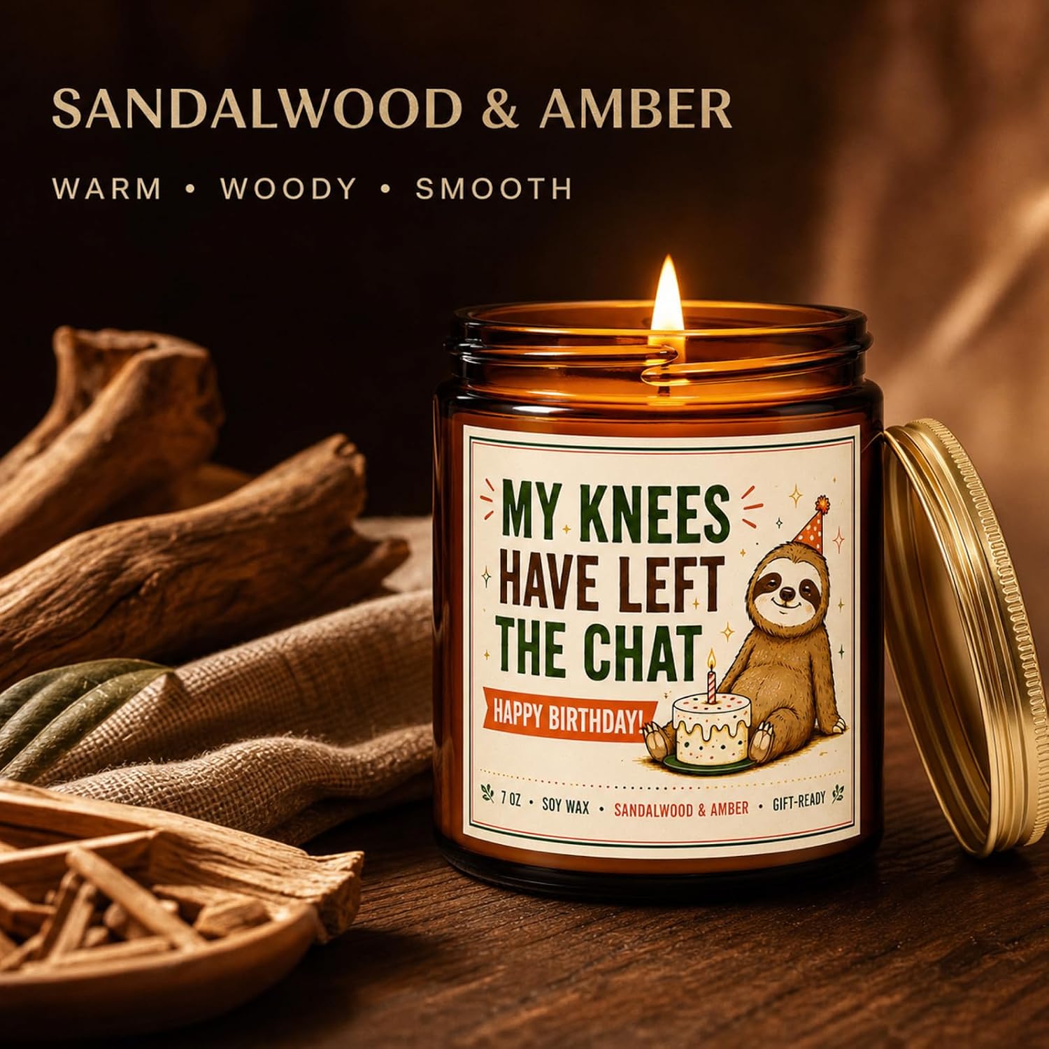 Birthday Gifts for Women and Men, Funny Birthday Candle, My Knees Have Left the Chat, 7 oz Sandalwood and Amber Soy Wax Gift for 30th 40th 50th 60th 70th Birthdays