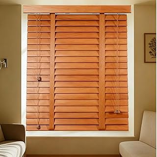 Cordless Wood Indoor Window Blinds Solid Wooden Custom Size Blinds & Shades Easy Install Horizontal Blinds for Home Bedroom Bathroom Living Room Windows(Brown)