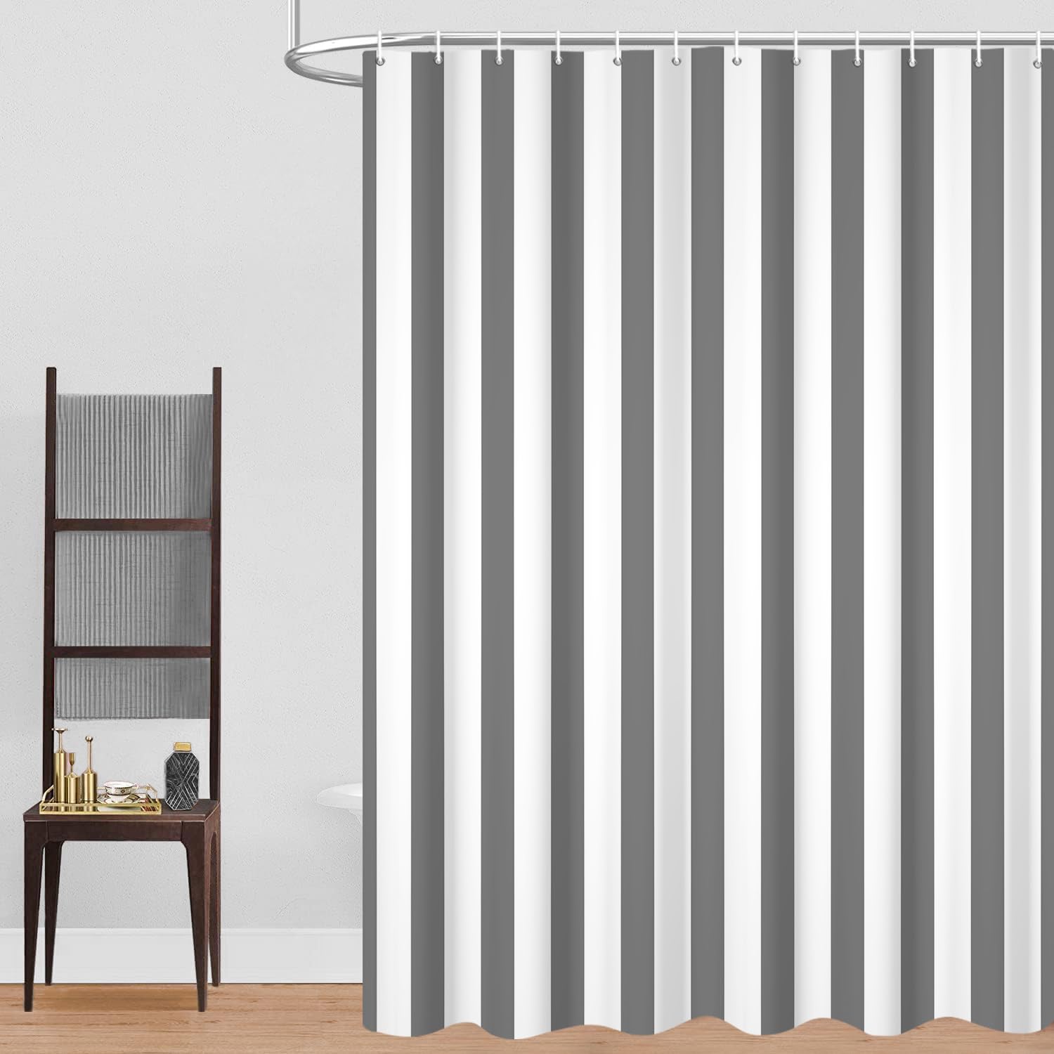 GCIREC Shower Curtain, 200x180cm, Gray and White Modern Minimalism Vertical Stripes Waterproof Fabric Machine Washable Bathroom Curtain with Hooks