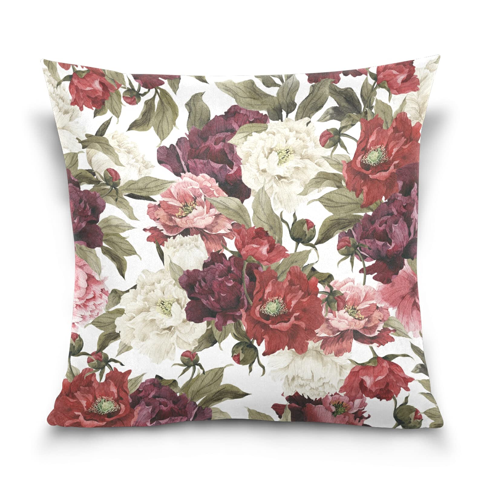 Poeticcity Multi 5 Floral White Red Roses With Green Leaves Seamless On White Cotton Velvet Throw Pillow, Soft Breathable Bed Pillows, Pillowcase Sham Cushion Covers Twin Sides For Car Couch Bed 16X16 Inches