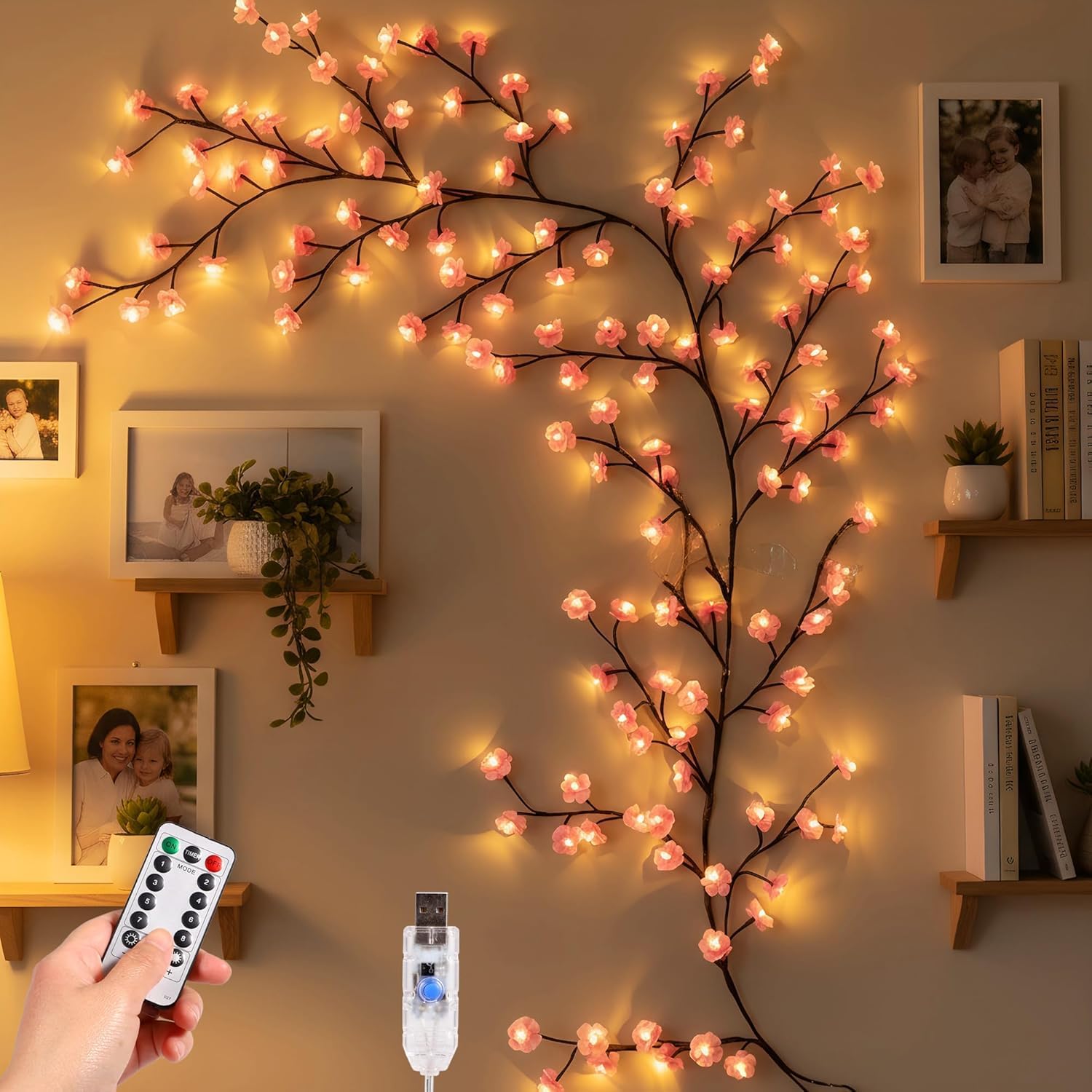 Tree Branch Willow Vine Lights for Wall Decor, Cherry Blossom Flower Vine String Lights with Remote Control, USB Powered Fairy Branch Lights for Bedroom (Cherry Blossom)-image-18