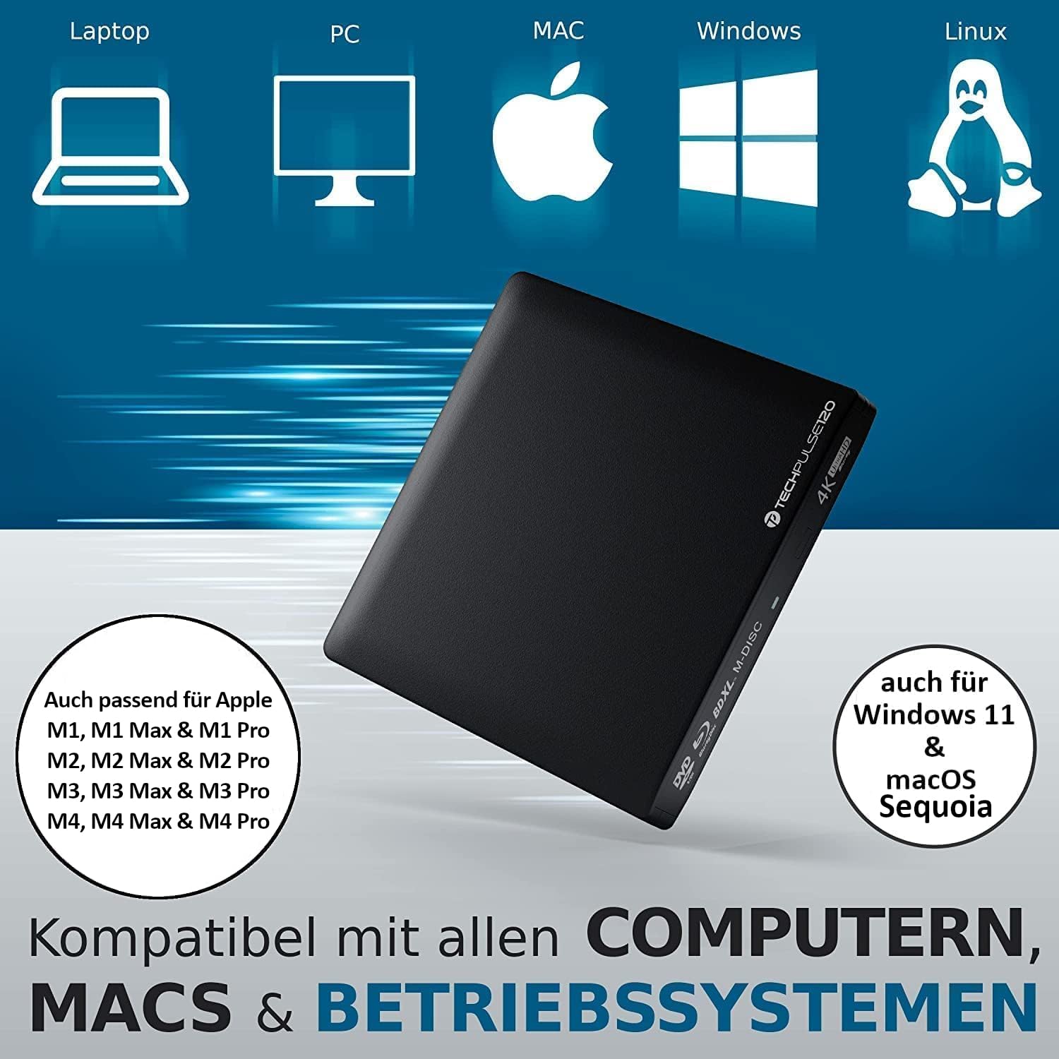 techPulse USB 3.1 USB-C USB 3.0 UHD 4K 3D BDXL Externa Unidad BLU-Ray Grabadora Lector Súper-Slim Escritor Portátil Quemador Superdrive ROM Aluminio Negro