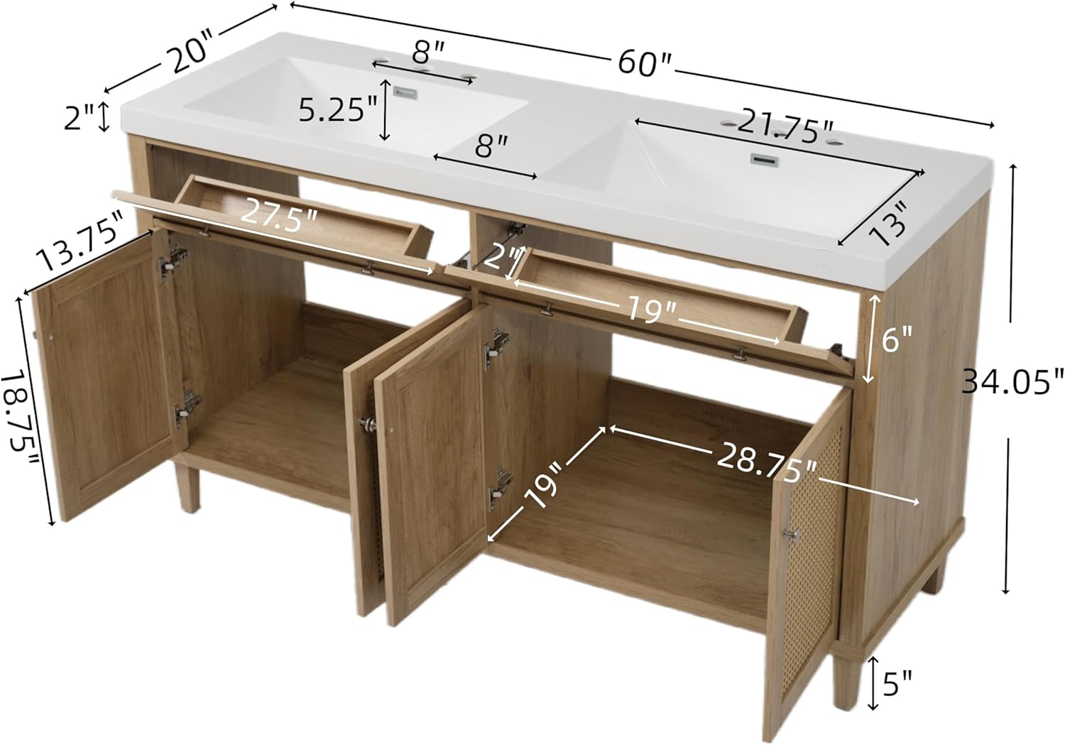 Merax 60 Inch Bathroom Vanity with Double Sink (SMC Sink), Large Storage Space with 2 Tip-Out Trays/Flip-Out Drawers and 4 Soft Closing Doors, Solid Wood Legs and Silver Metal Knobs, Wood Color