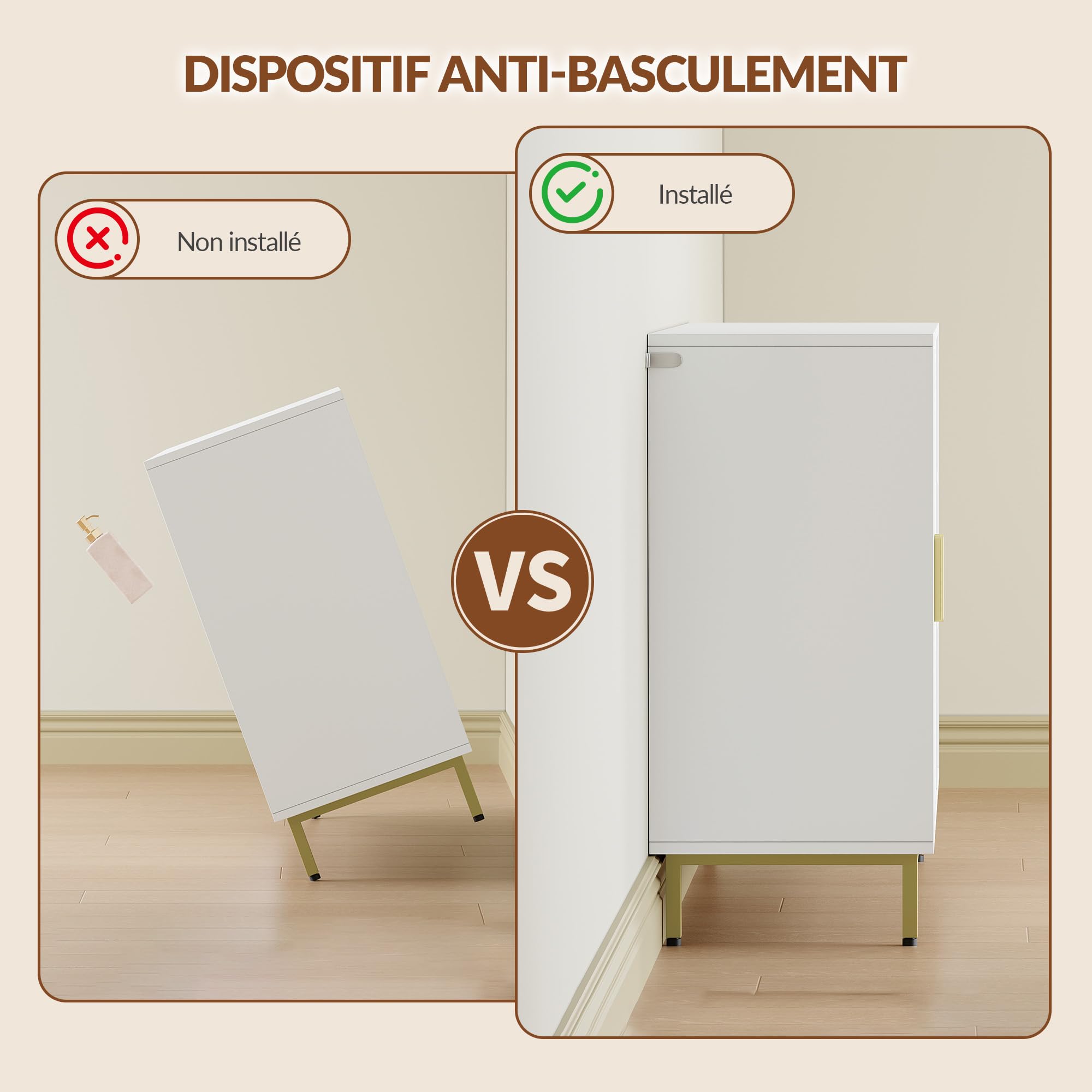 Meuble de Salle de Bain, 100 x 35 x 75 cm, Blanc et Doré | Armoire de Rangement, Buffet Indépendant à Deux Portes, Étagères Réglables, FFBC021PW1