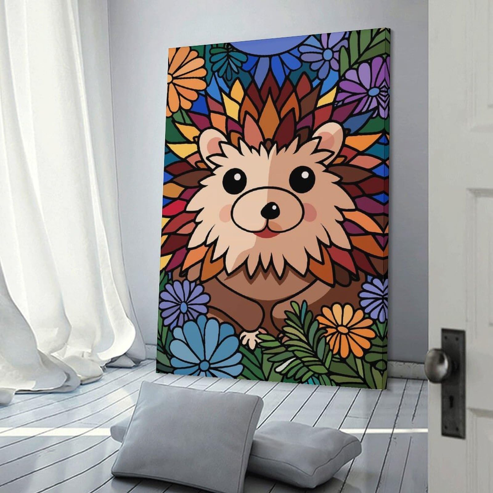 Junmoney Decorative Canvas Print Cute Hedgehog Surrounded by Flowers, 08x12inch(20x30cm), for Home Office, Desk Area Or Studio, Home Office Artwork with Decorative Appeal